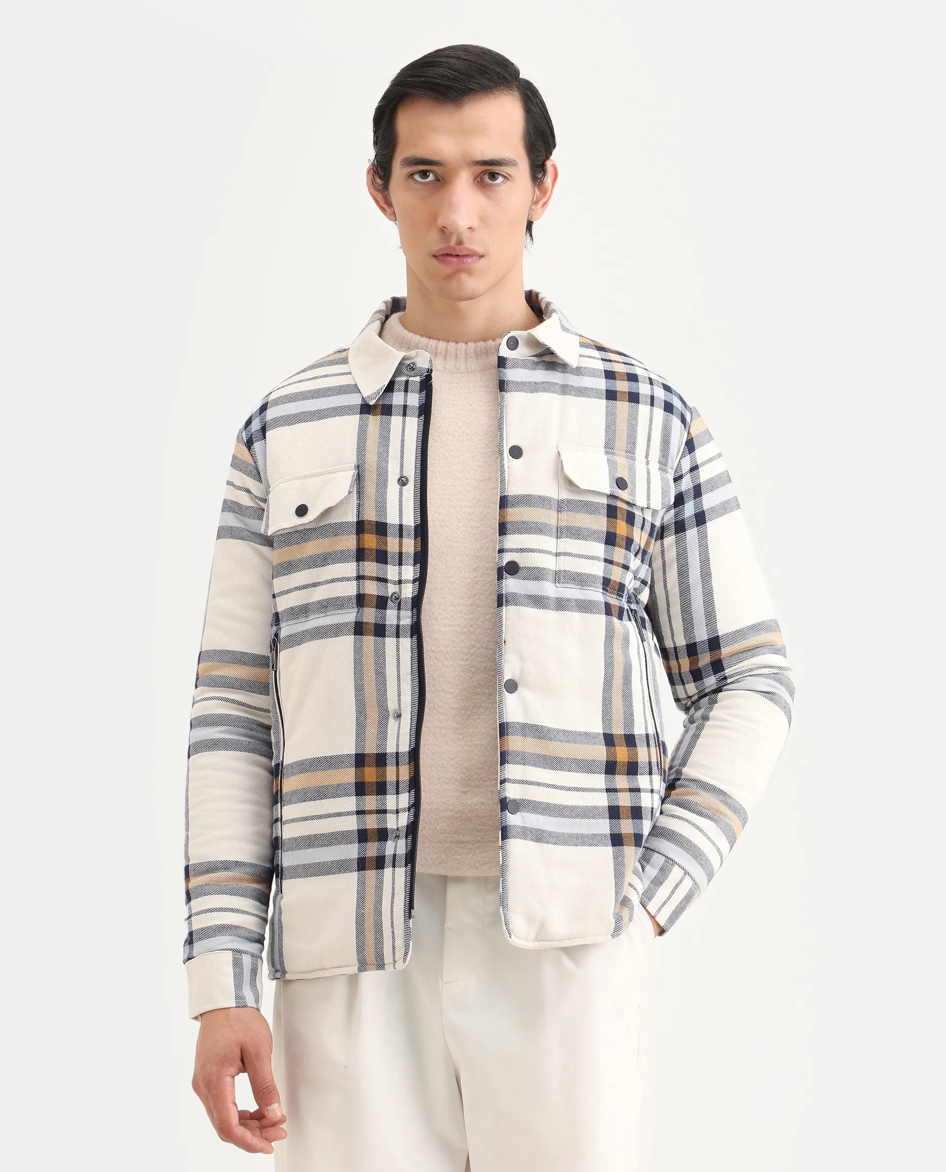 Rare Rabbit Men's Hollis Off White Cotton Checked Print Regular Fit Full Sleeve Spread Collar Jacket - Image 3