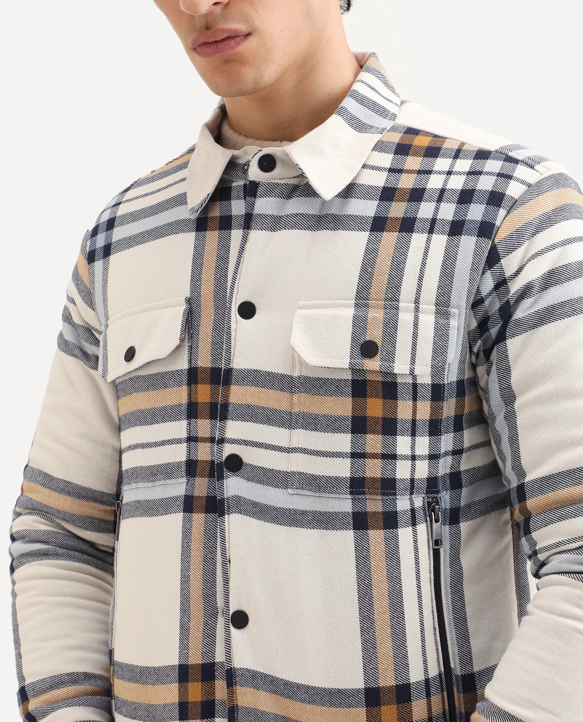 Rare Rabbit Men's Hollis Off White Cotton Checked Print Regular Fit Full Sleeve Spread Collar Jacket - Image 4