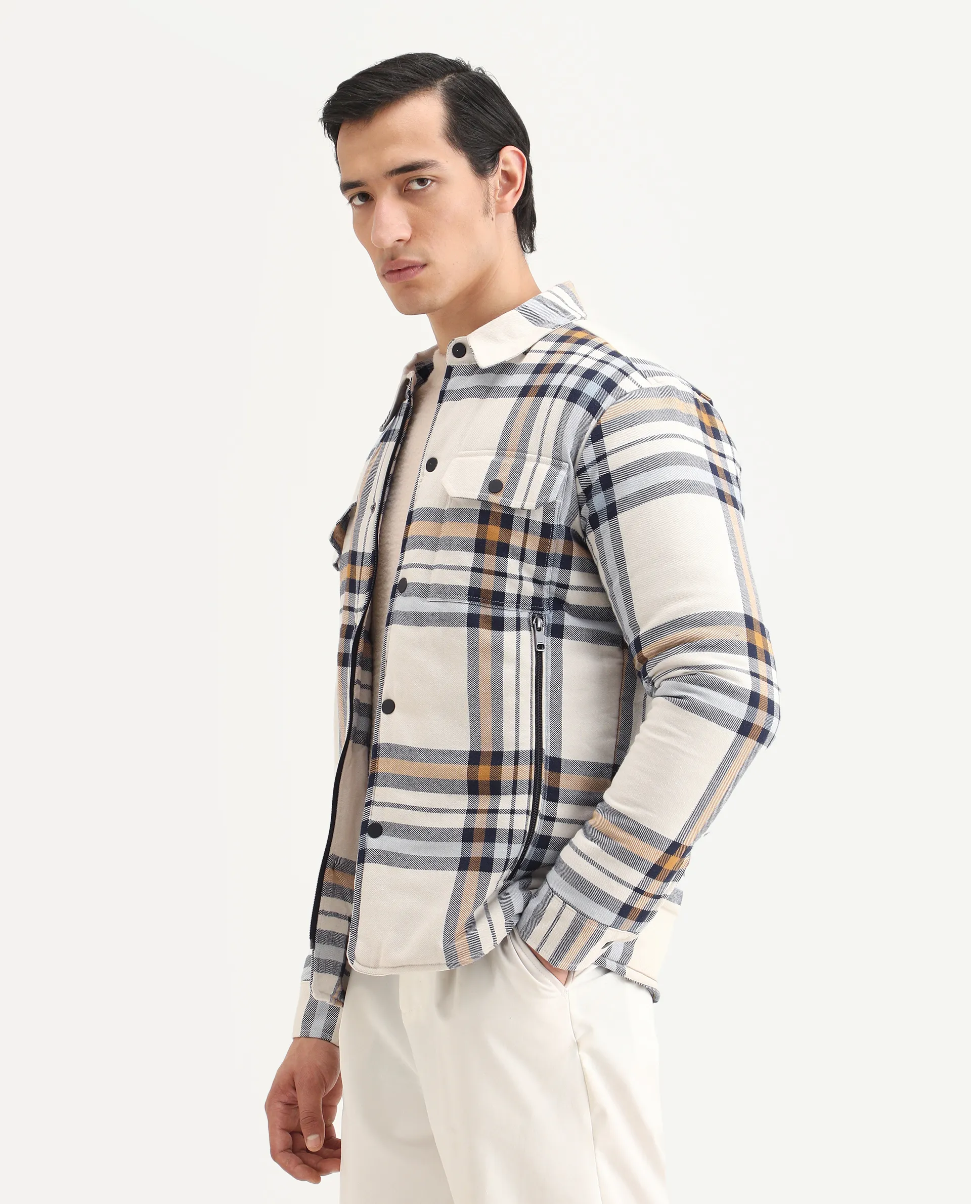 Rare Rabbit Men's Hollis Off White Cotton Checked Print Regular Fit Full Sleeve Spread Collar Jacket - Image 5
