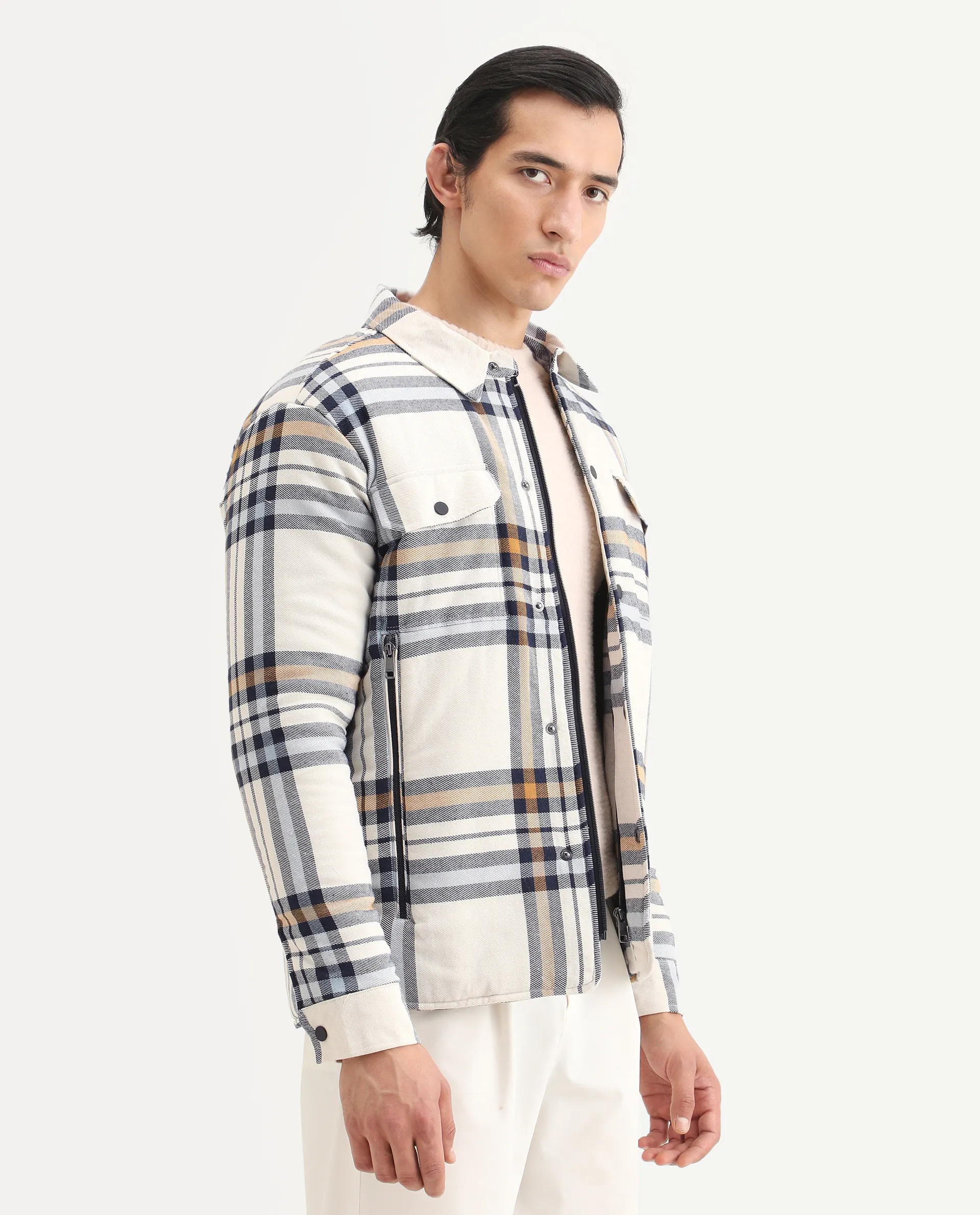 Rare Rabbit Men's Hollis Off White Cotton Checked Print Regular Fit Full Sleeve Spread Collar Jacket - Image 6