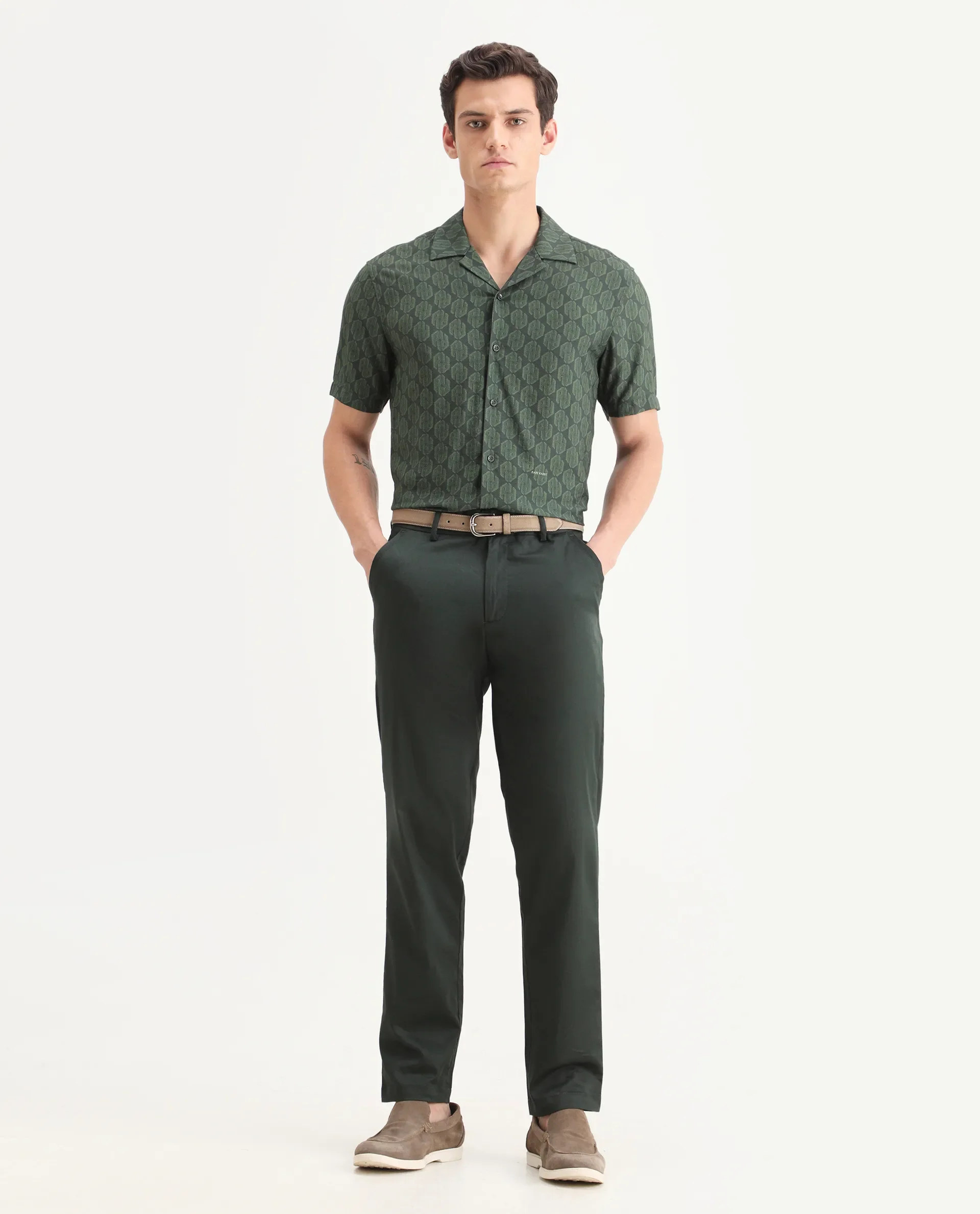 Rare Rabbit Men Hols Dark Olive Cotton Blend Fabric Button Closure Plain Trouser