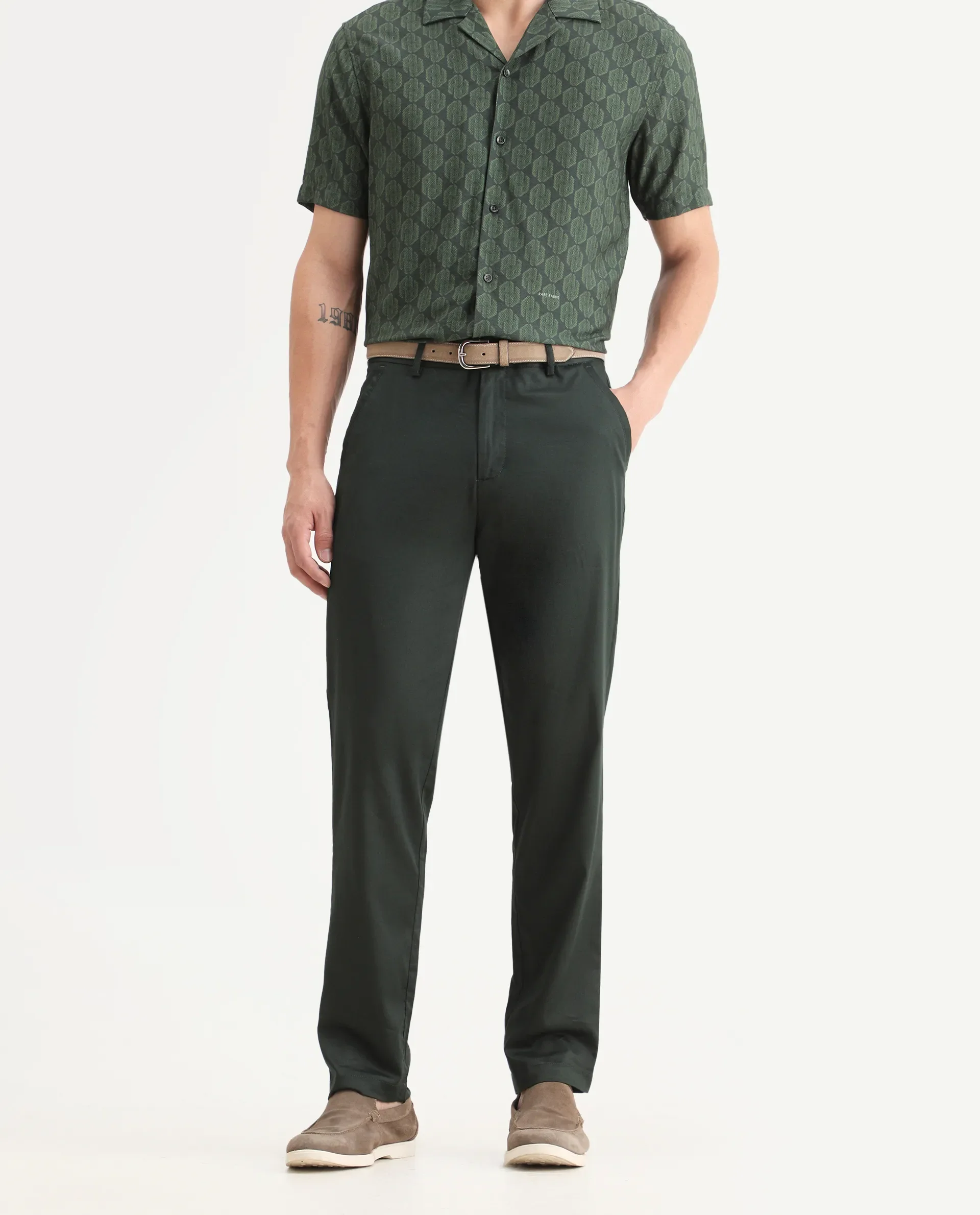 Rare Rabbit Men Hols Dark Olive Cotton Blend Fabric Button Closure Plain Trouser - Image 2
