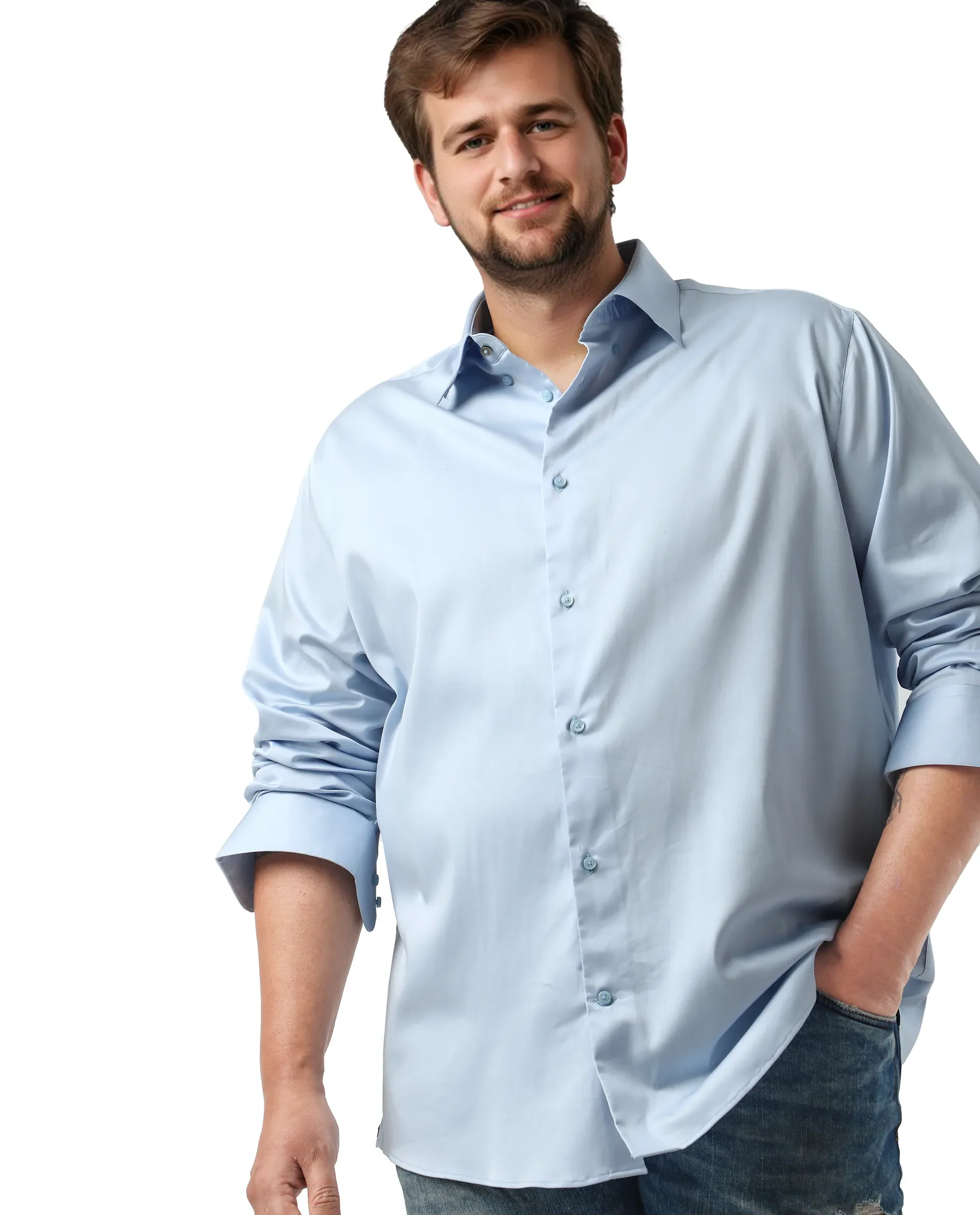 Rare Rabbit Men's Hols Big Light Blue Cotton Fabric Full Sleeves Collared Neck Button Closure Plain Shirt - Image 5