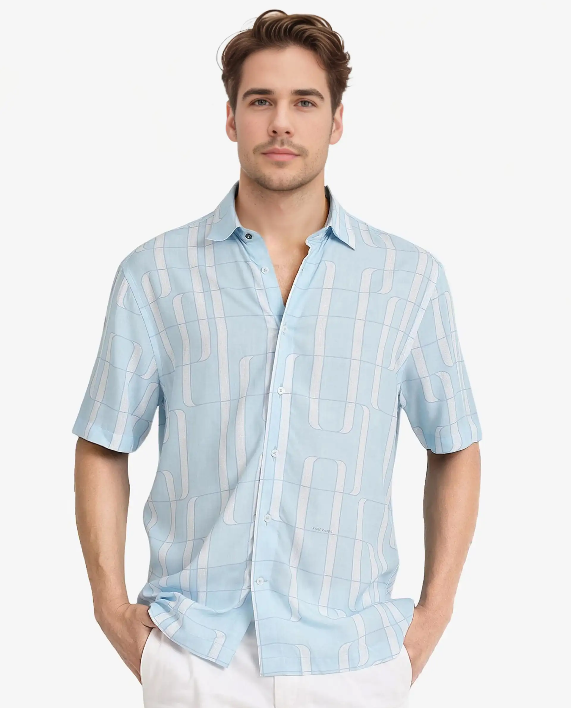 Rare Rabbit Men's Holter Light Blue Viscose Abstract Print Regular Fit Half Sleeve Collared Shirt
