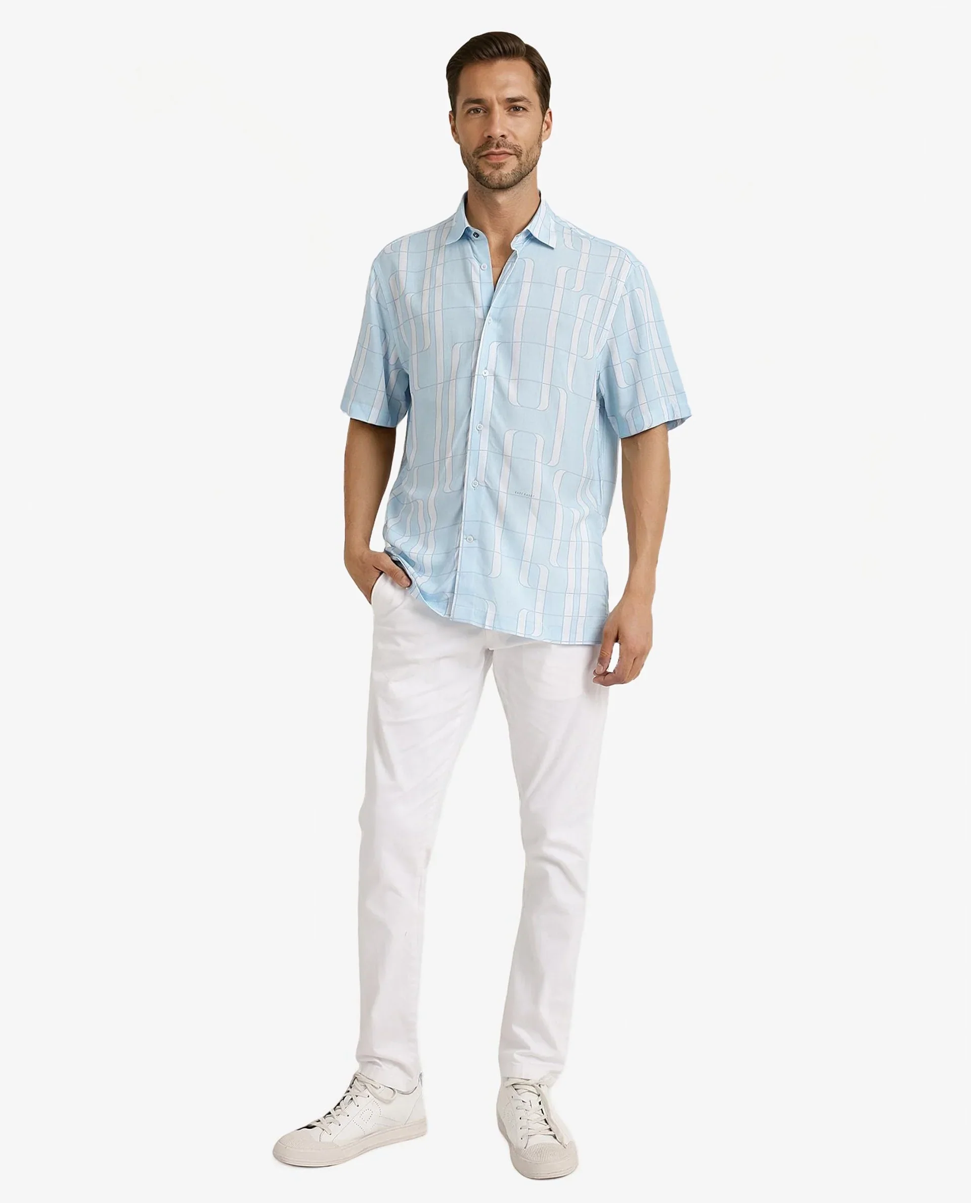 Rare Rabbit Men's Holter Light Blue Viscose Abstract Print Regular Fit Half Sleeve Collared Shirt - Image 2