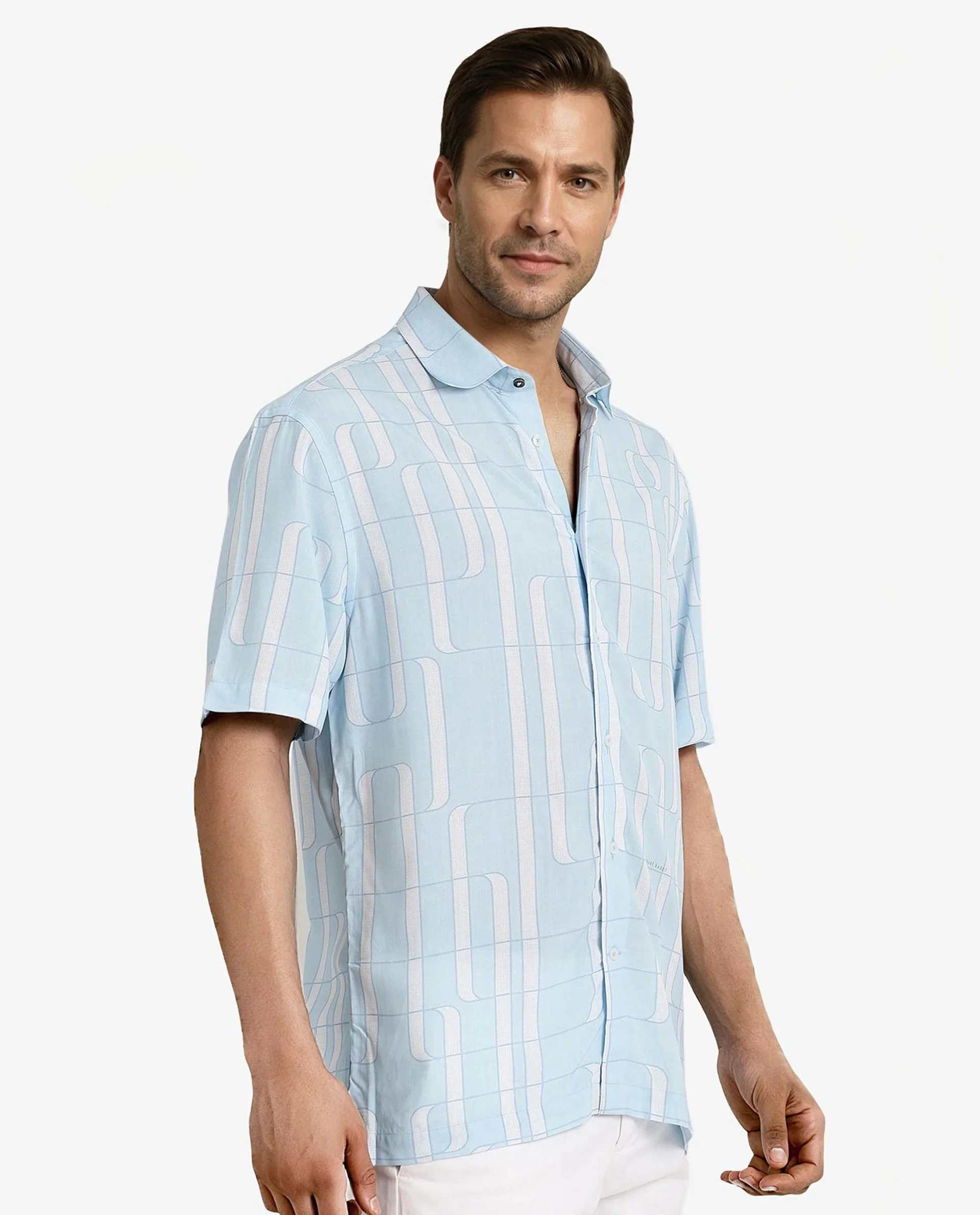 Rare Rabbit Men's Holter Light Blue Viscose Abstract Print Regular Fit Half Sleeve Collared Shirt - Image 4