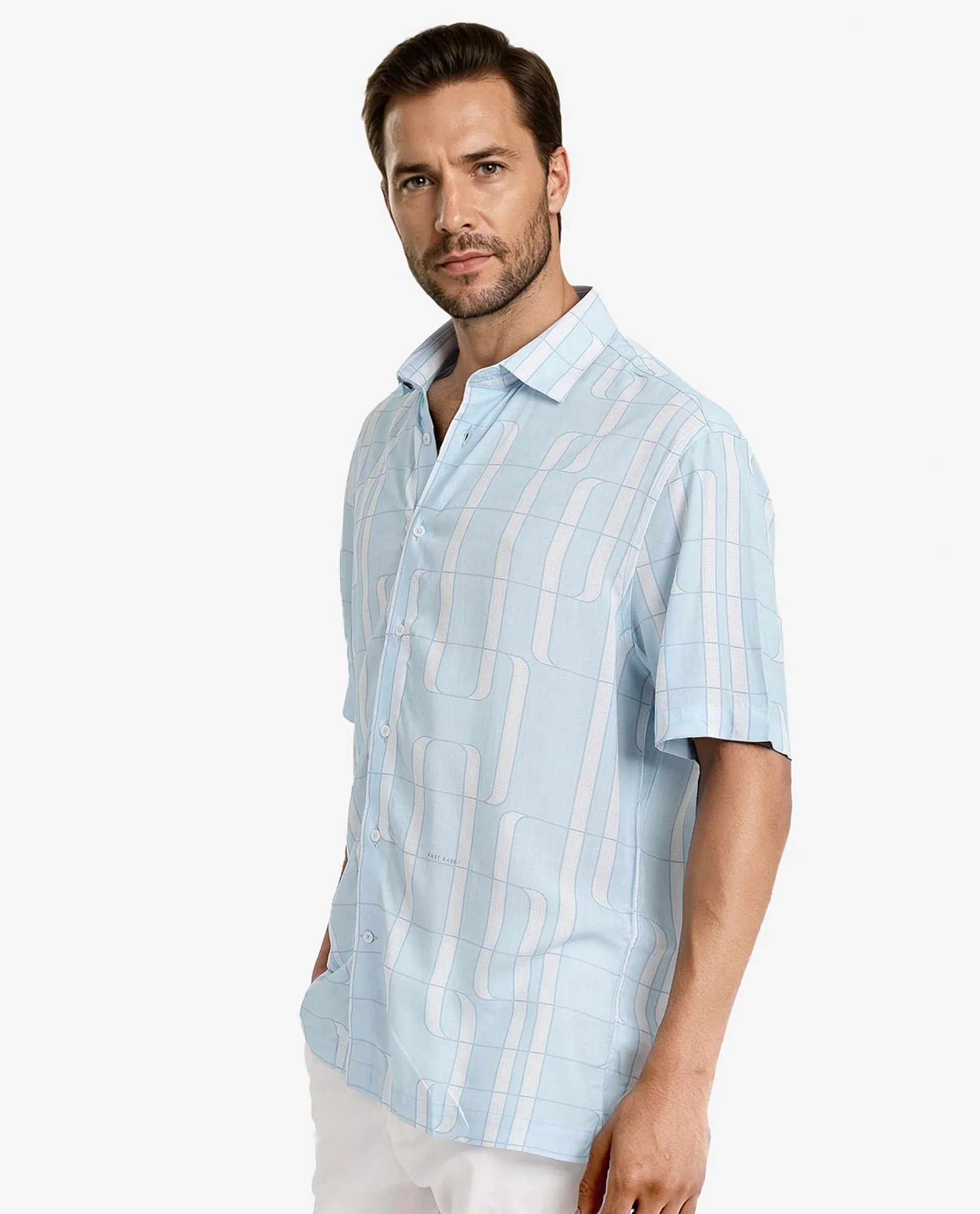 Rare Rabbit Men's Holter Light Blue Viscose Abstract Print Regular Fit Half Sleeve Collared Shirt - Image 5