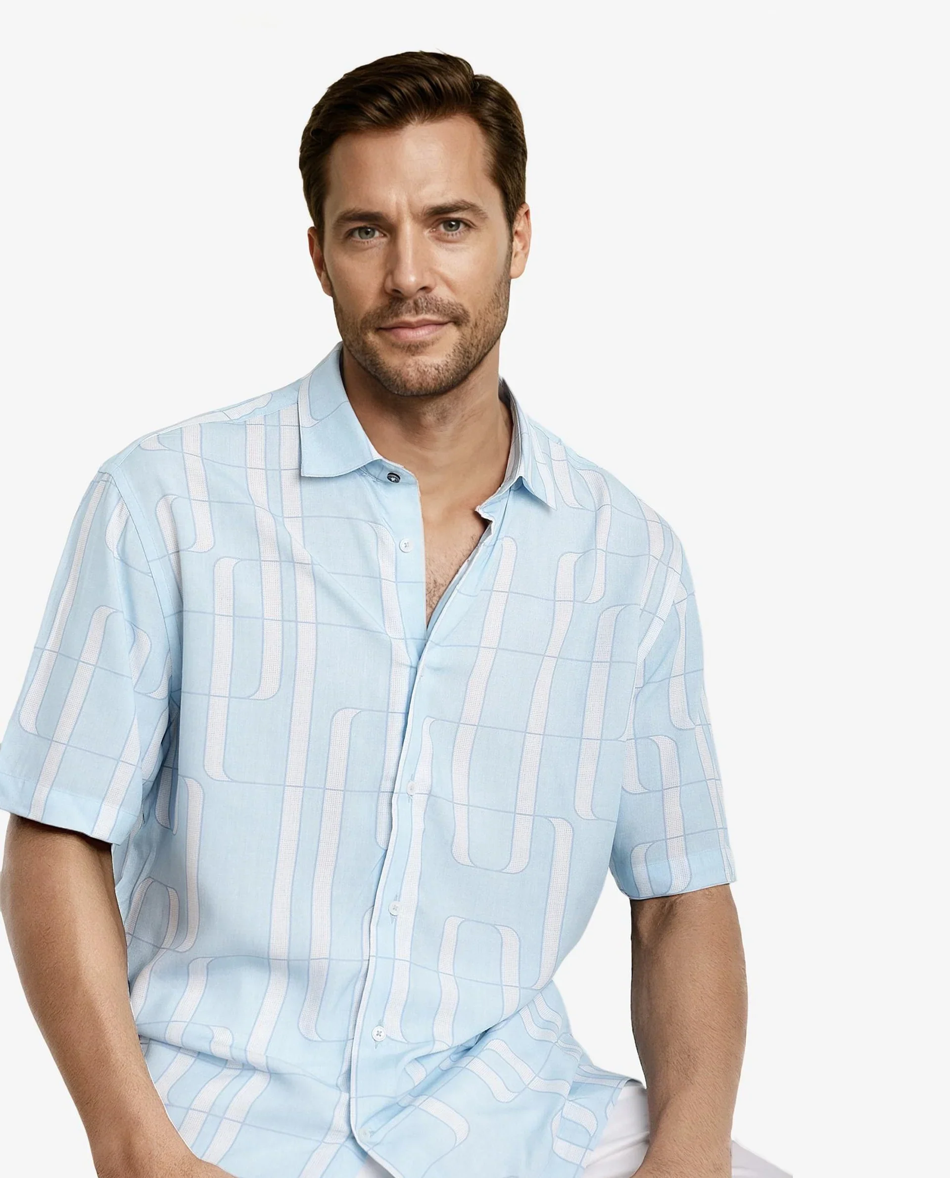 Rare Rabbit Men's Holter Light Blue Viscose Abstract Print Regular Fit Half Sleeve Collared Shirt - Image 6