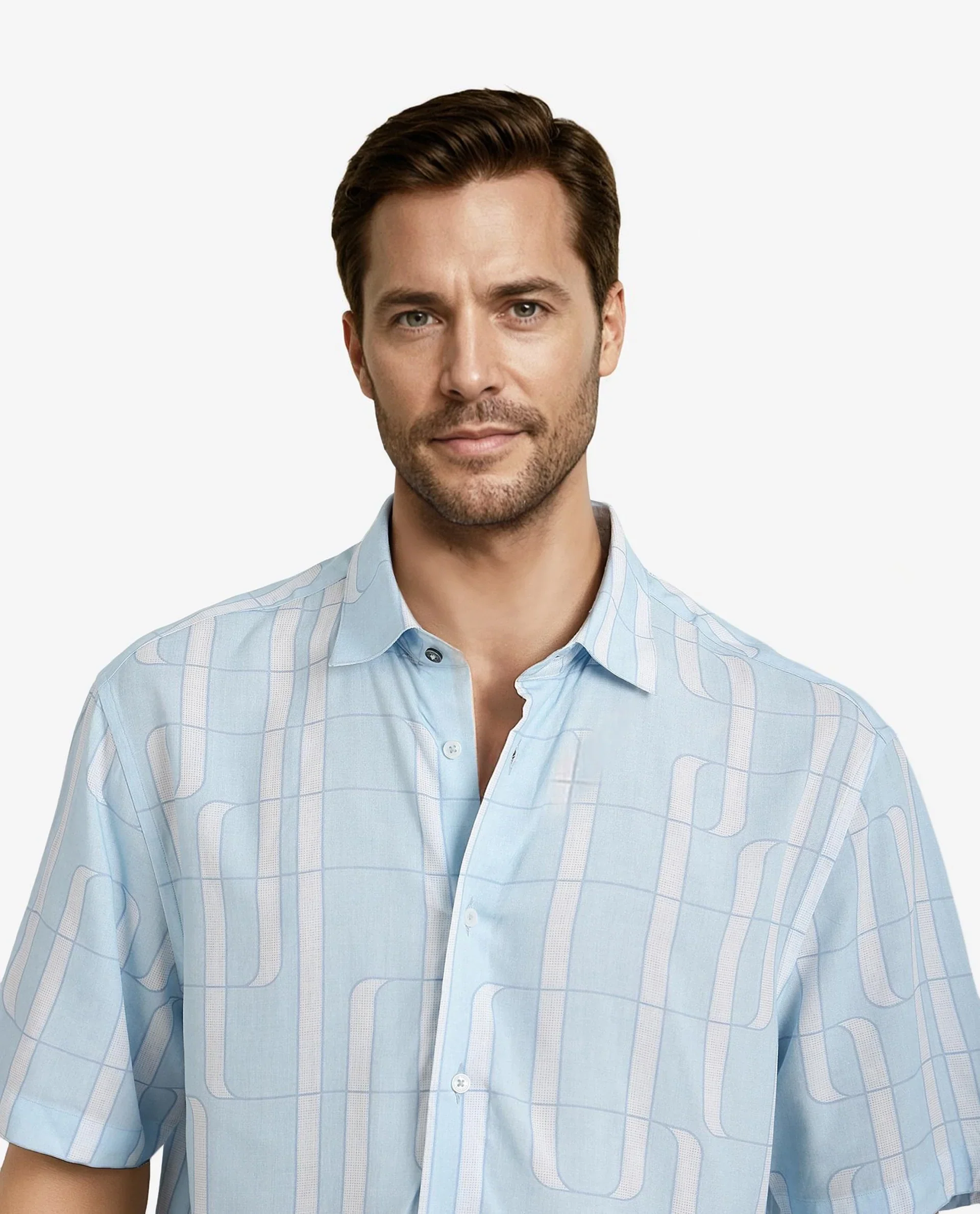 Rare Rabbit Men's Holter Light Blue Viscose Abstract Print Regular Fit Half Sleeve Collared Shirt - Image 7