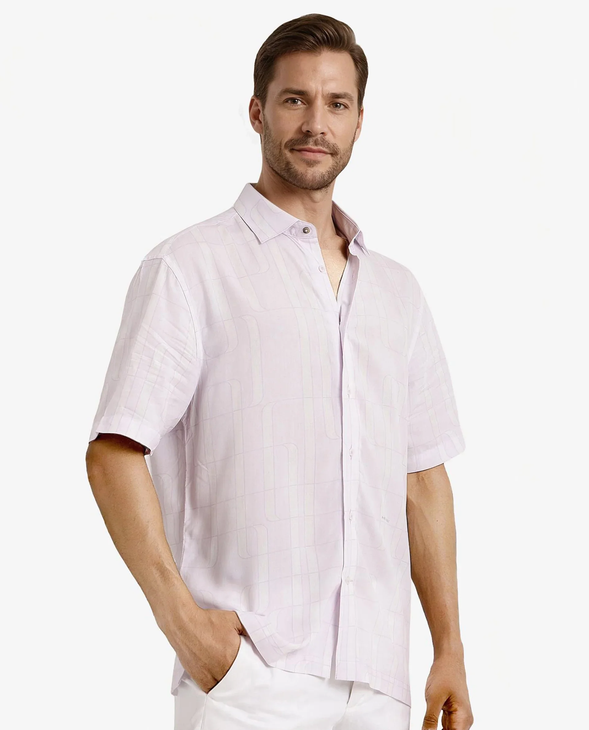 Rare Rabbit Men's Holter Light Purple Viscose Abstract Print Regular Fit Half Sleeve Collared Shirt - Image 6