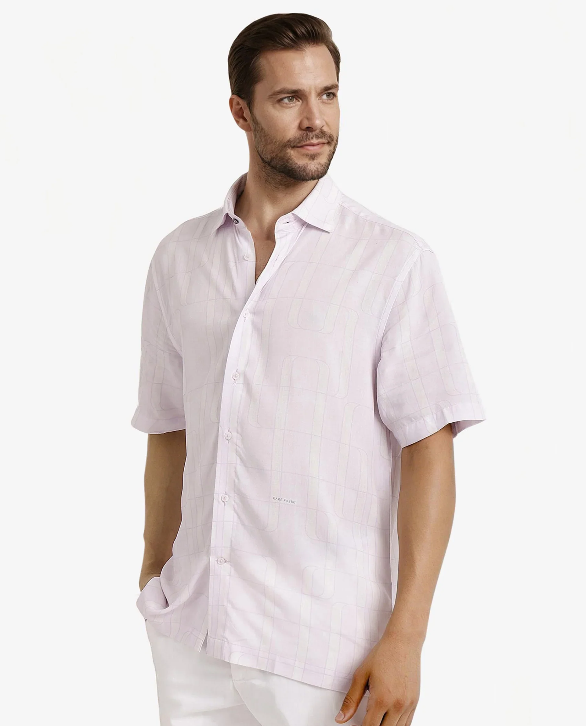 Rare Rabbit Men's Holter Light Purple Viscose Abstract Print Regular Fit Half Sleeve Collared Shirt - Image 7