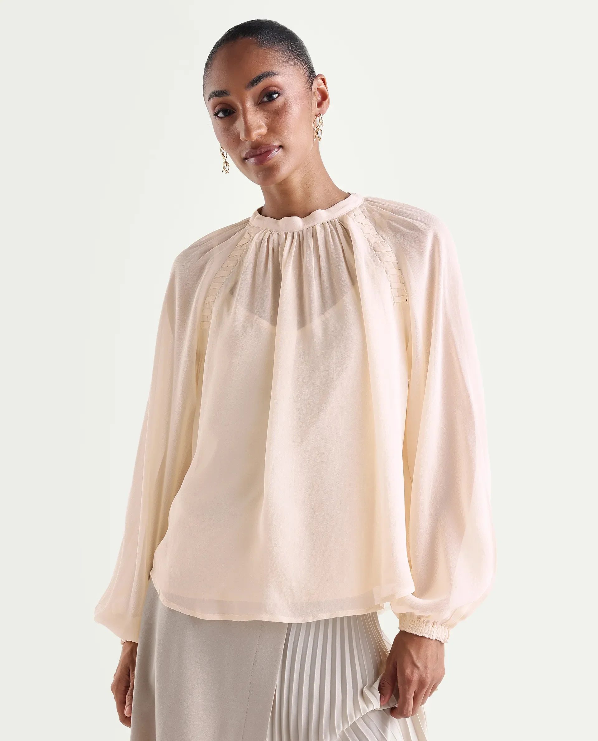Rareism Women's Holto Beige Viscose Blend High Neck Relaxed Plain Top - Image 3