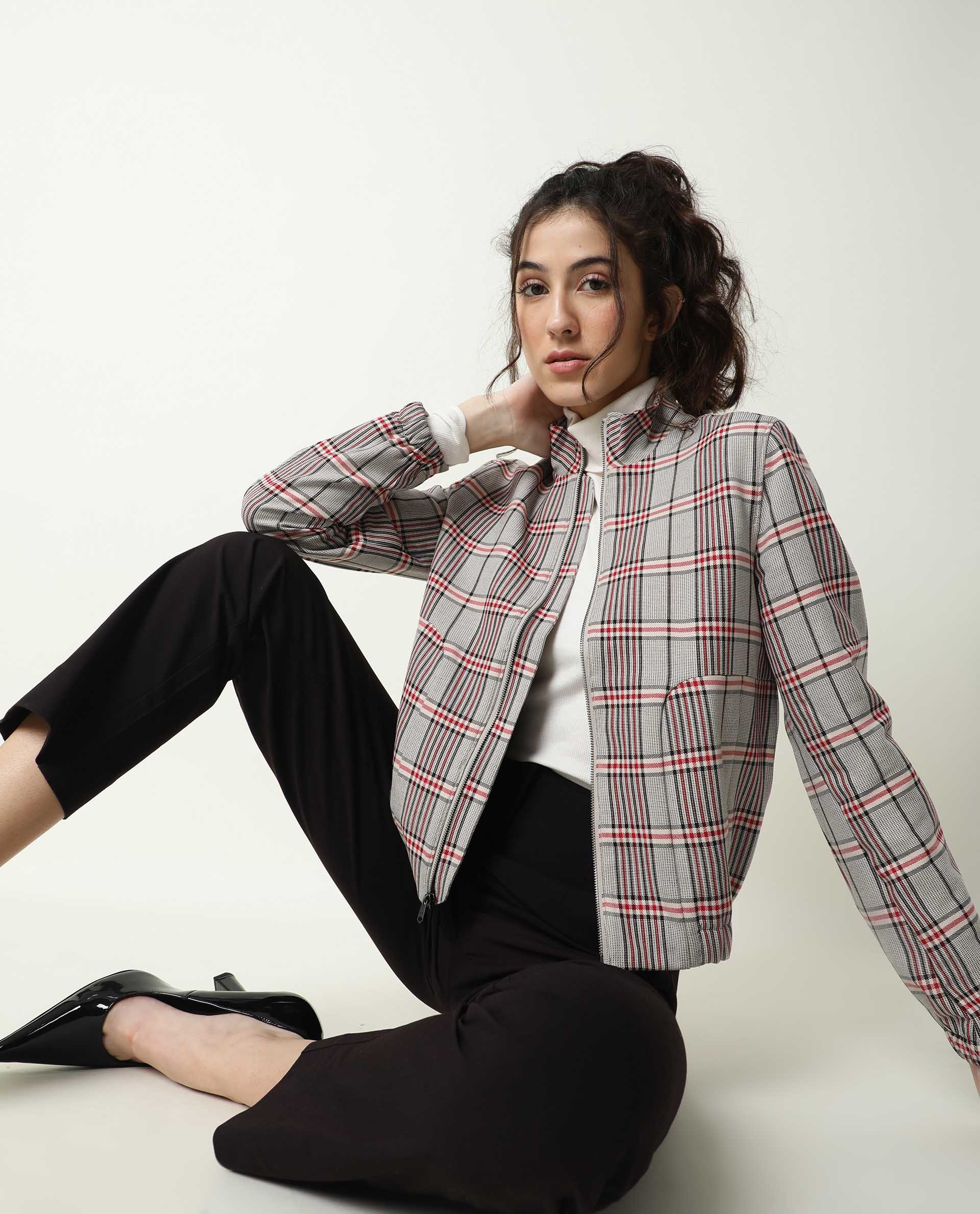 Rareism Women Homer Offwhite Jacket Full Sleeves Checks