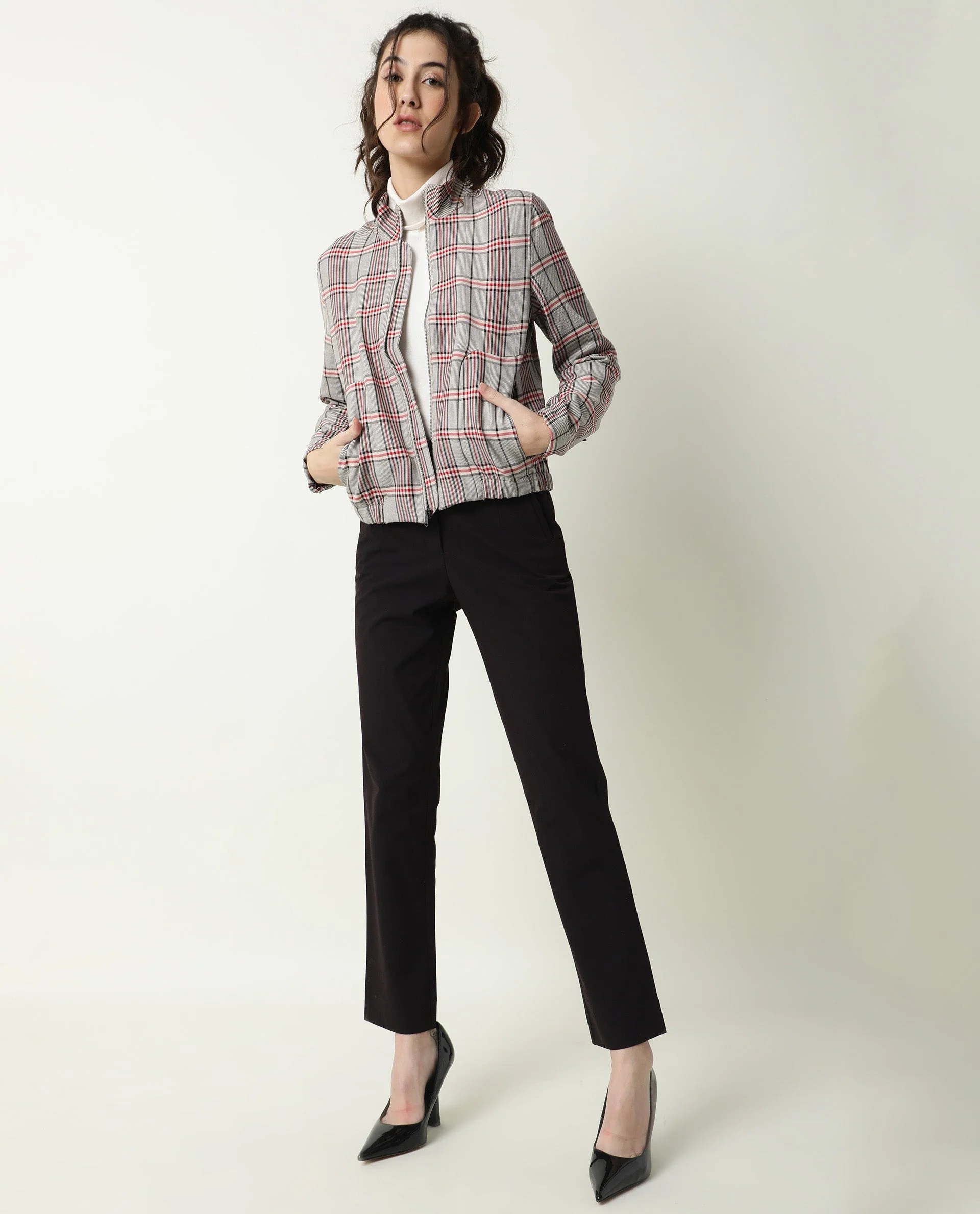 Rareism Women Homer Offwhite Jacket Full Sleeves Checks - Image 2