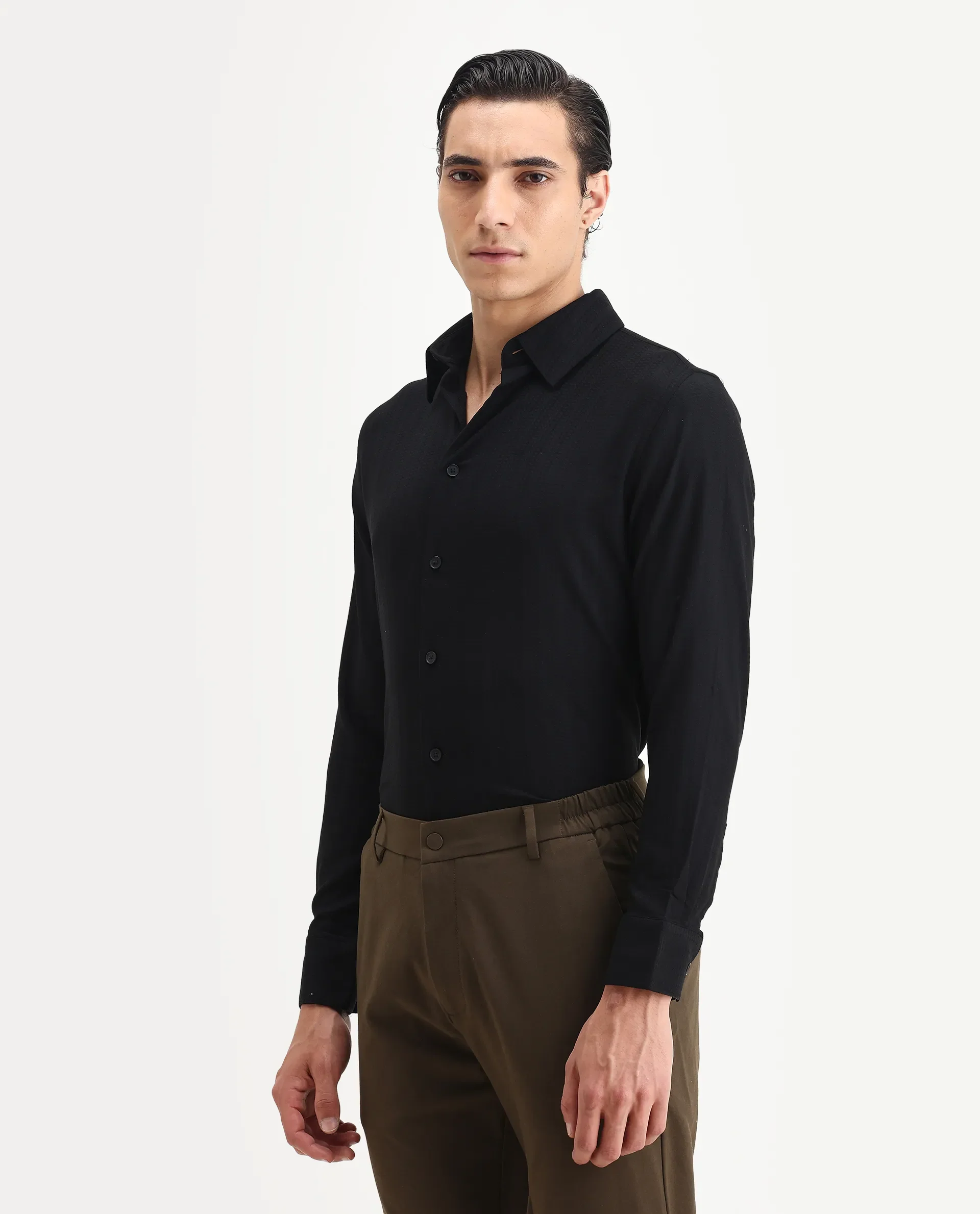 Rare Rabbit Men's Hon Black Cotton Dobby Print Regular Fit Full Sleeve Collared Shirt - Image 4