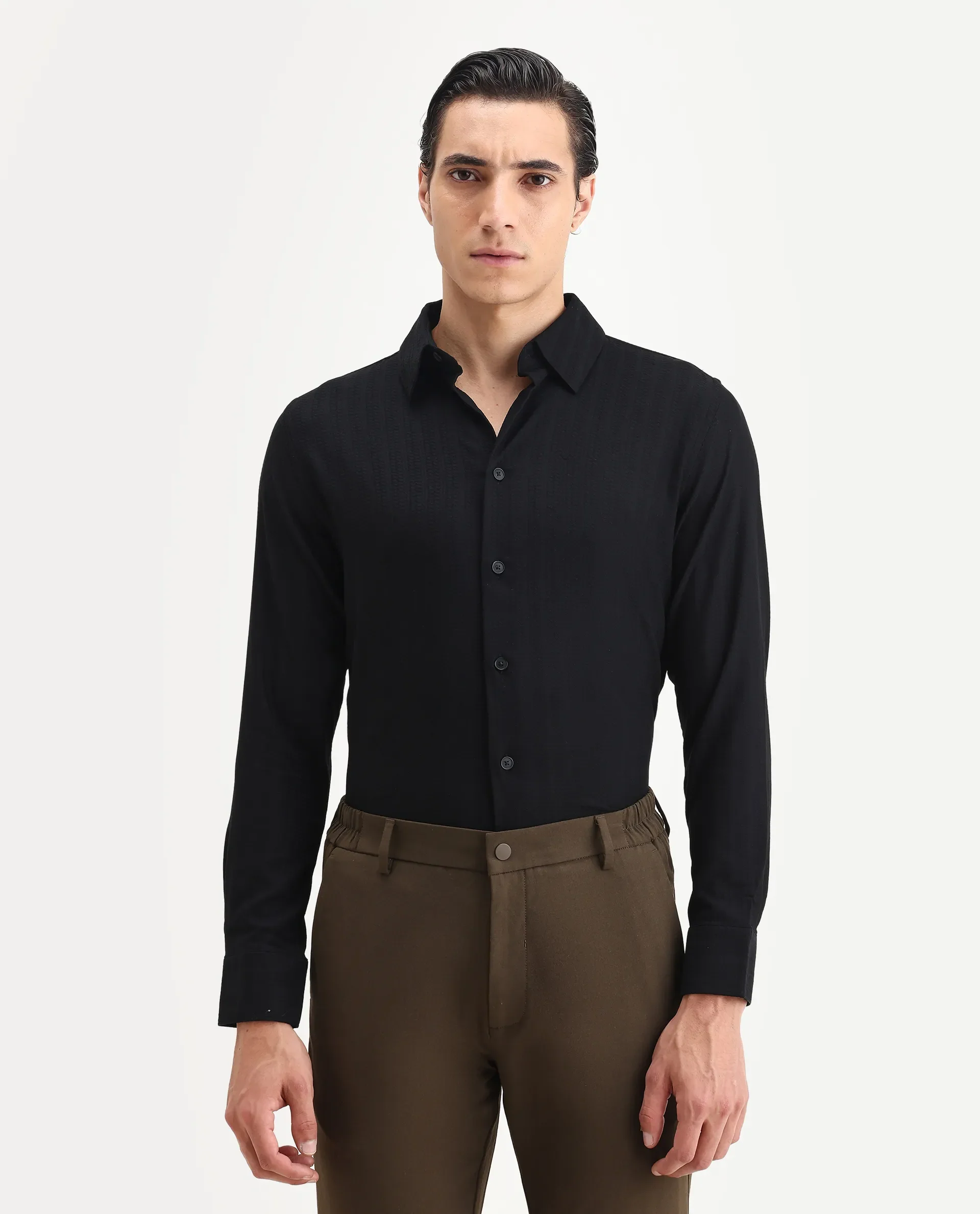 Rare Rabbit Men's Hon Black Cotton Dobby Print Regular Fit Full Sleeve Collared Shirt - Image 6