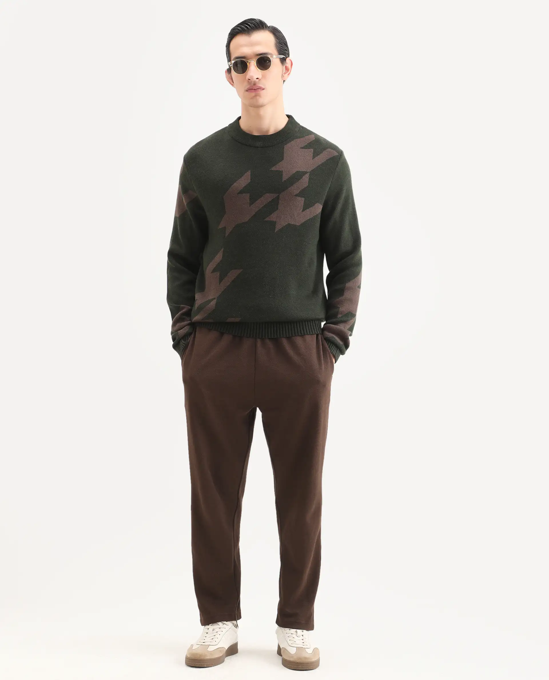 Rare Rabbit Men's Hond Dark Olive Acrylic Abstract Print Regular Fit Full Sleeve Crew Neck Sweater - Image 2