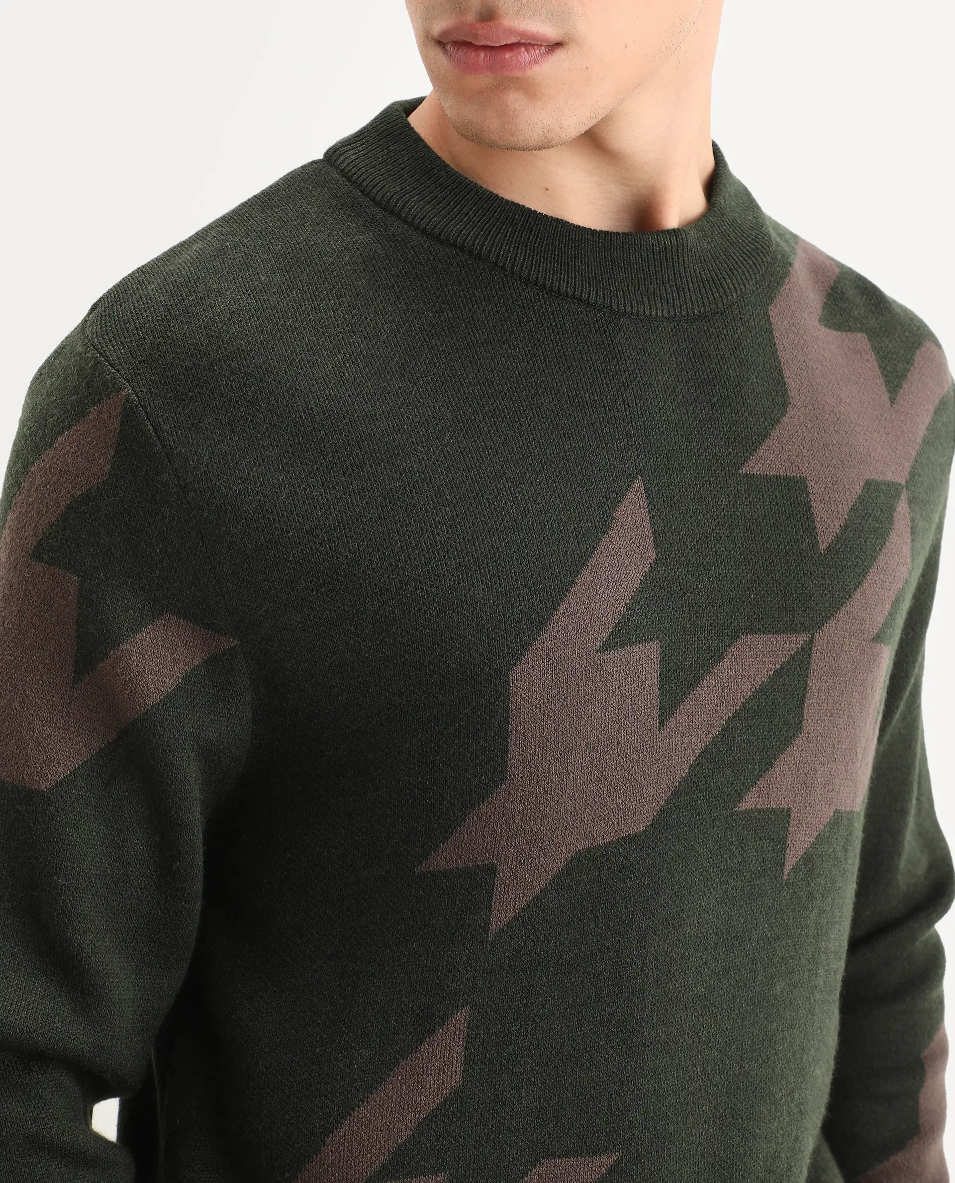 Rare Rabbit Men's Hond Dark Olive Acrylic Abstract Print Regular Fit Full Sleeve Crew Neck Sweater - Image 3