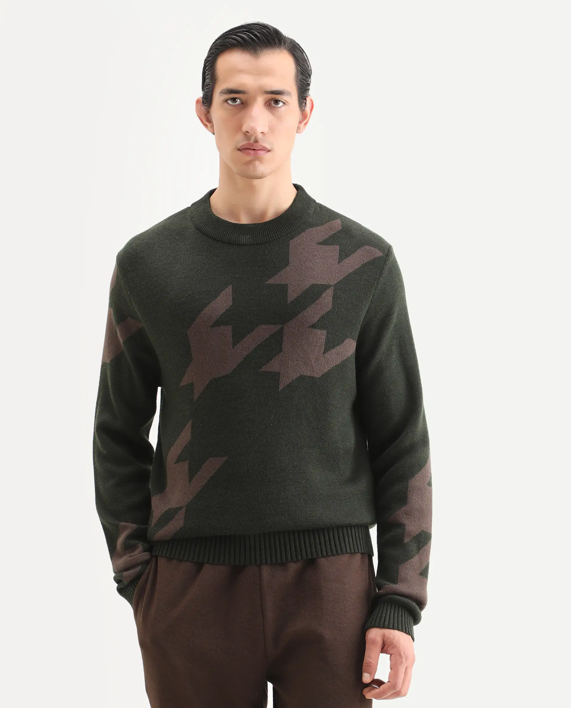 Rare Rabbit Men's Hond Dark Olive Acrylic Abstract Print Regular Fit Full Sleeve Crew Neck Sweater - Image 4