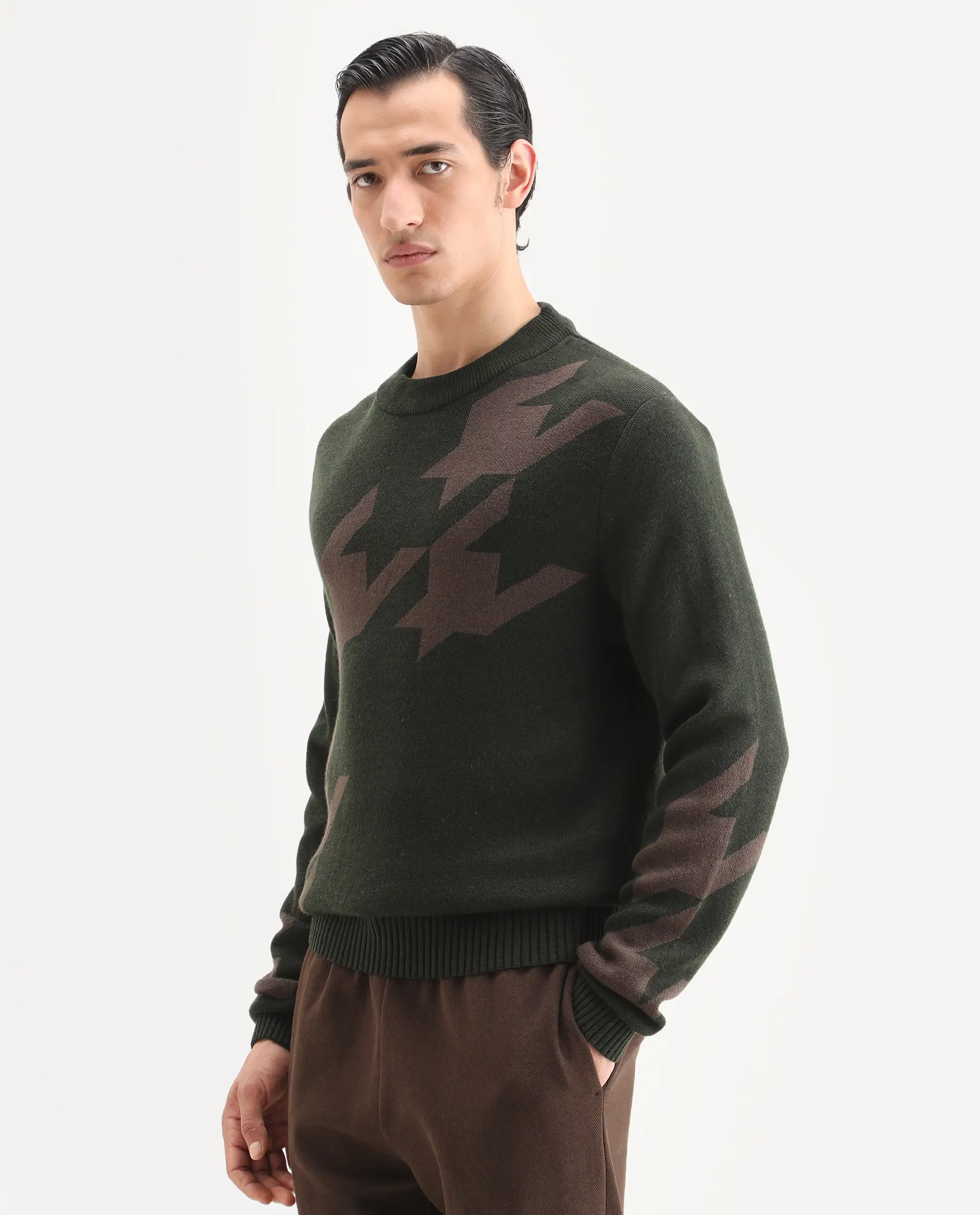 Rare Rabbit Men's Hond Dark Olive Acrylic Abstract Print Regular Fit Full Sleeve Crew Neck Sweater - Image 5