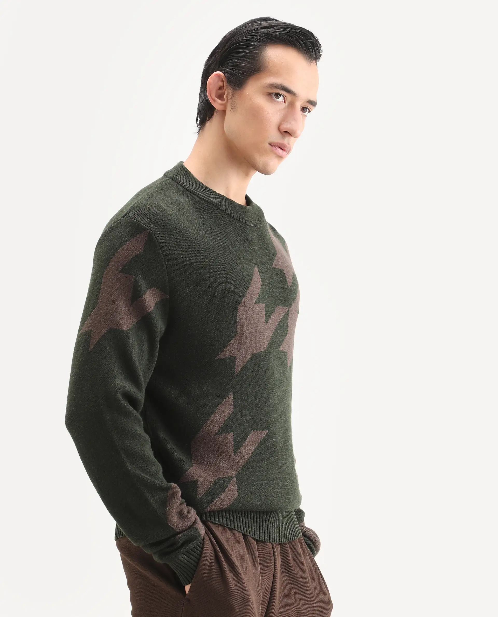 Rare Rabbit Men's Hond Dark Olive Acrylic Abstract Print Regular Fit Full Sleeve Crew Neck Sweater - Image 7