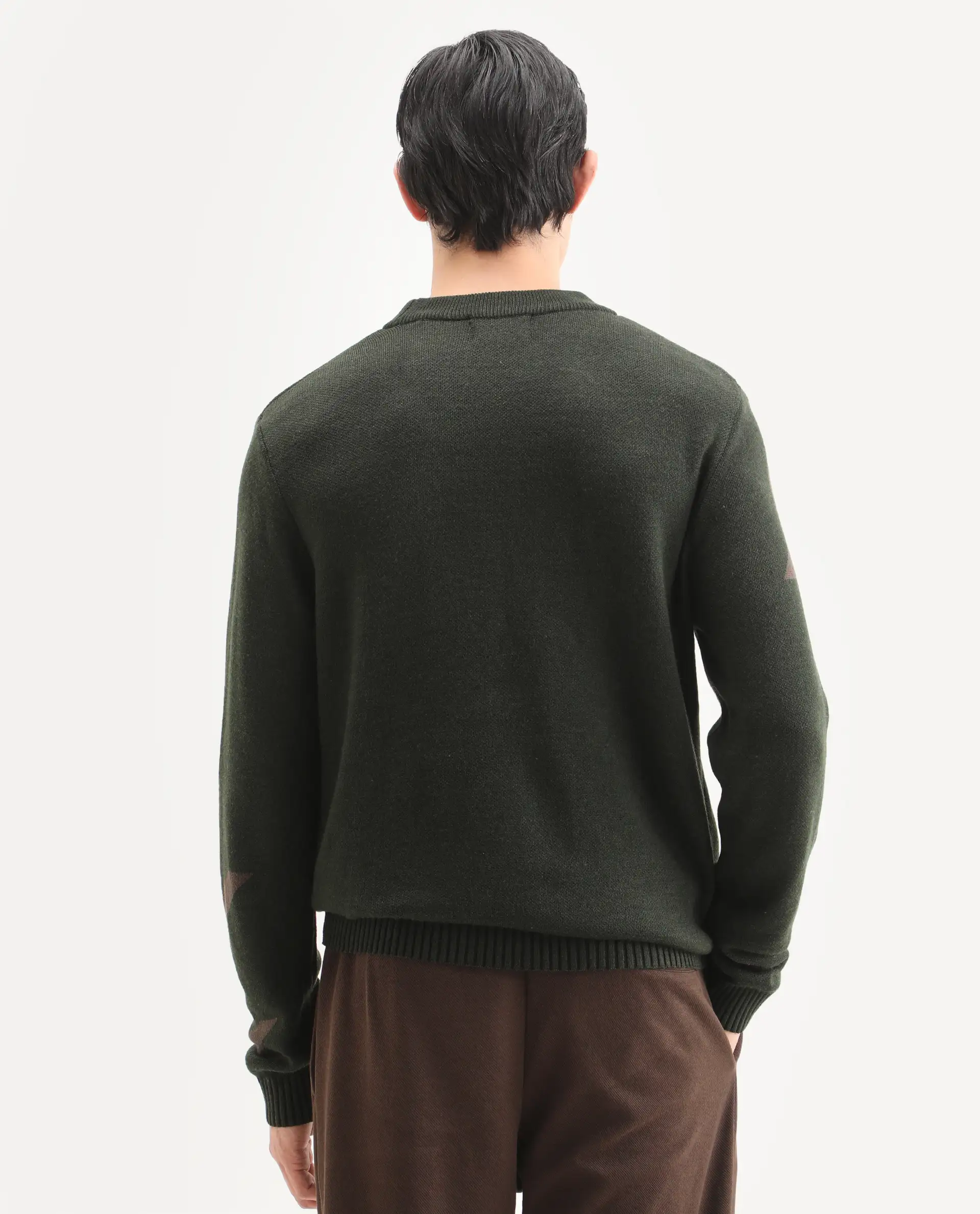 Rare Rabbit Men's Hond Dark Olive Acrylic Abstract Print Regular Fit Full Sleeve Crew Neck Sweater - Image 8