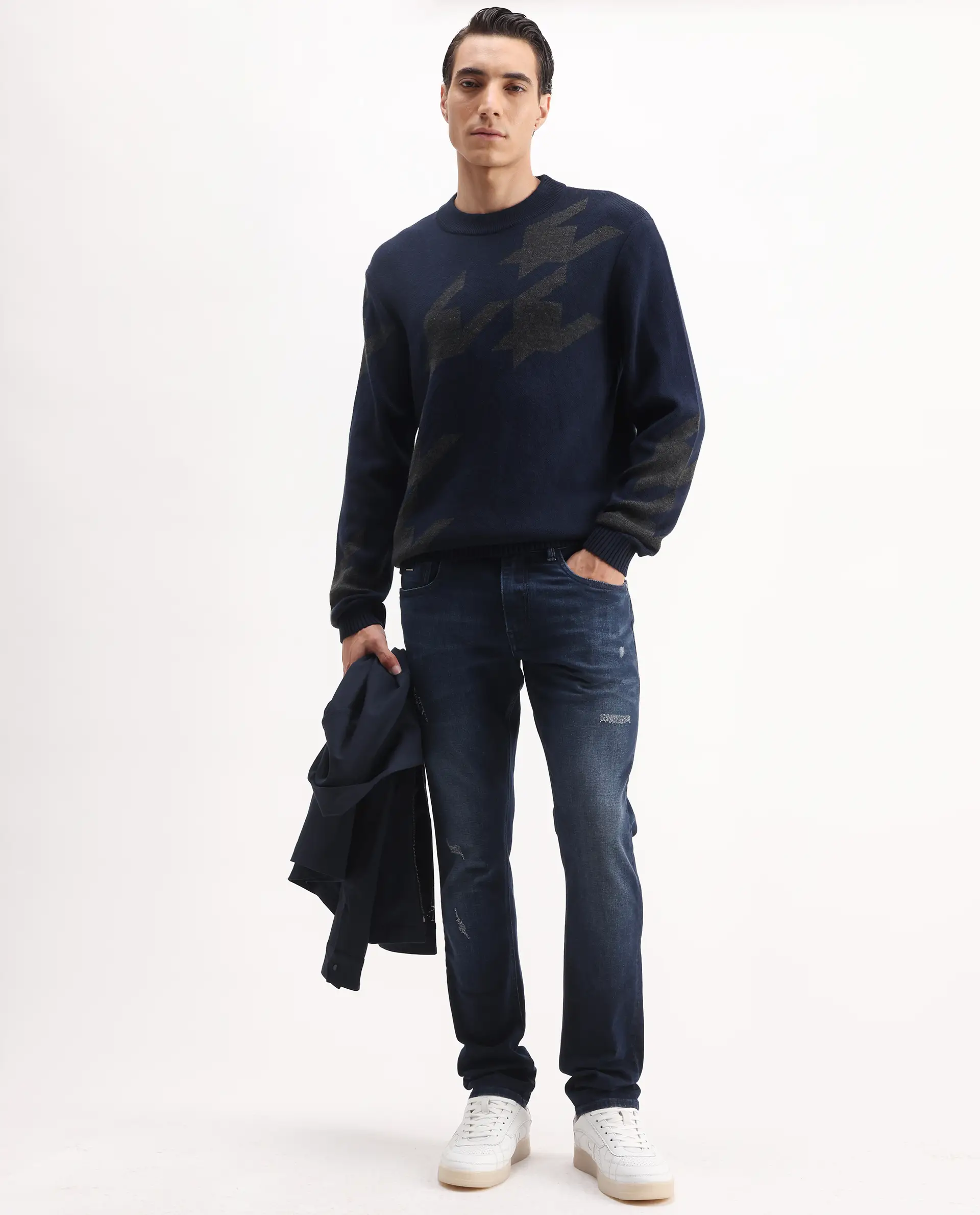 Rare Rabbit Men's Hond Navy Acrylic Abstract Print Regular Fit Full Sleeve Crew Neck Sweater - Image 2