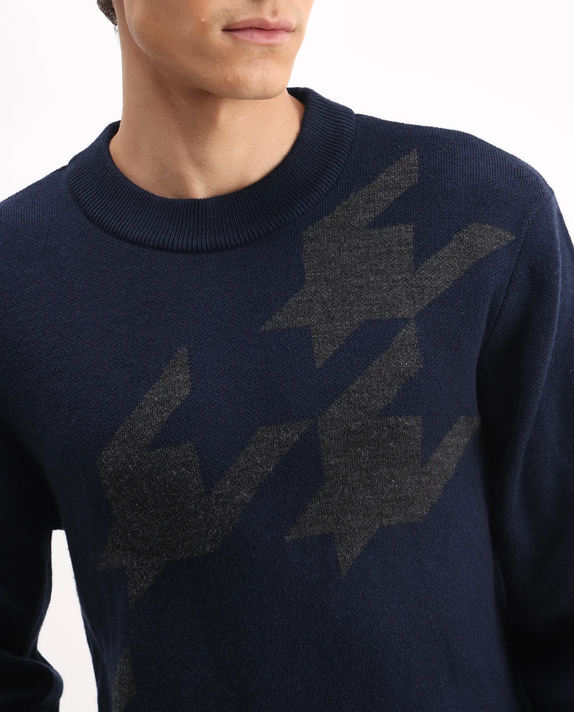 Rare Rabbit Men's Hond Navy Acrylic Abstract Print Regular Fit Full Sleeve Crew Neck Sweater - Image 3
