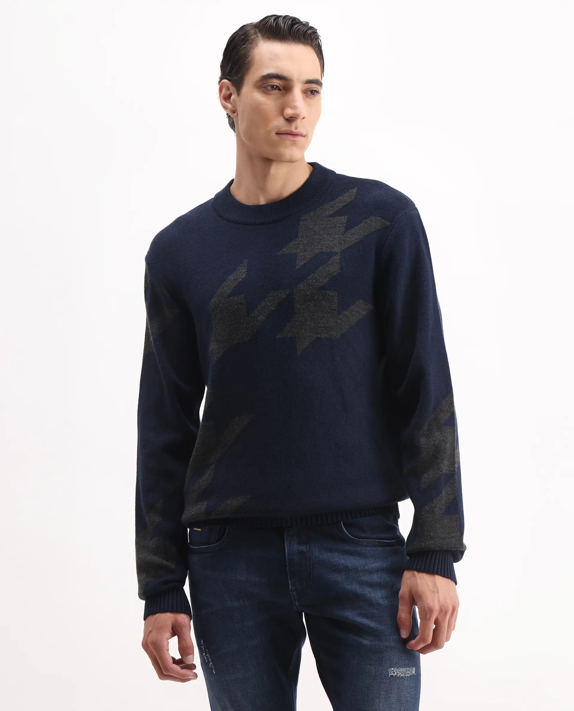 Rare Rabbit Men's Hond Navy Acrylic Abstract Print Regular Fit Full Sleeve Crew Neck Sweater - Image 4