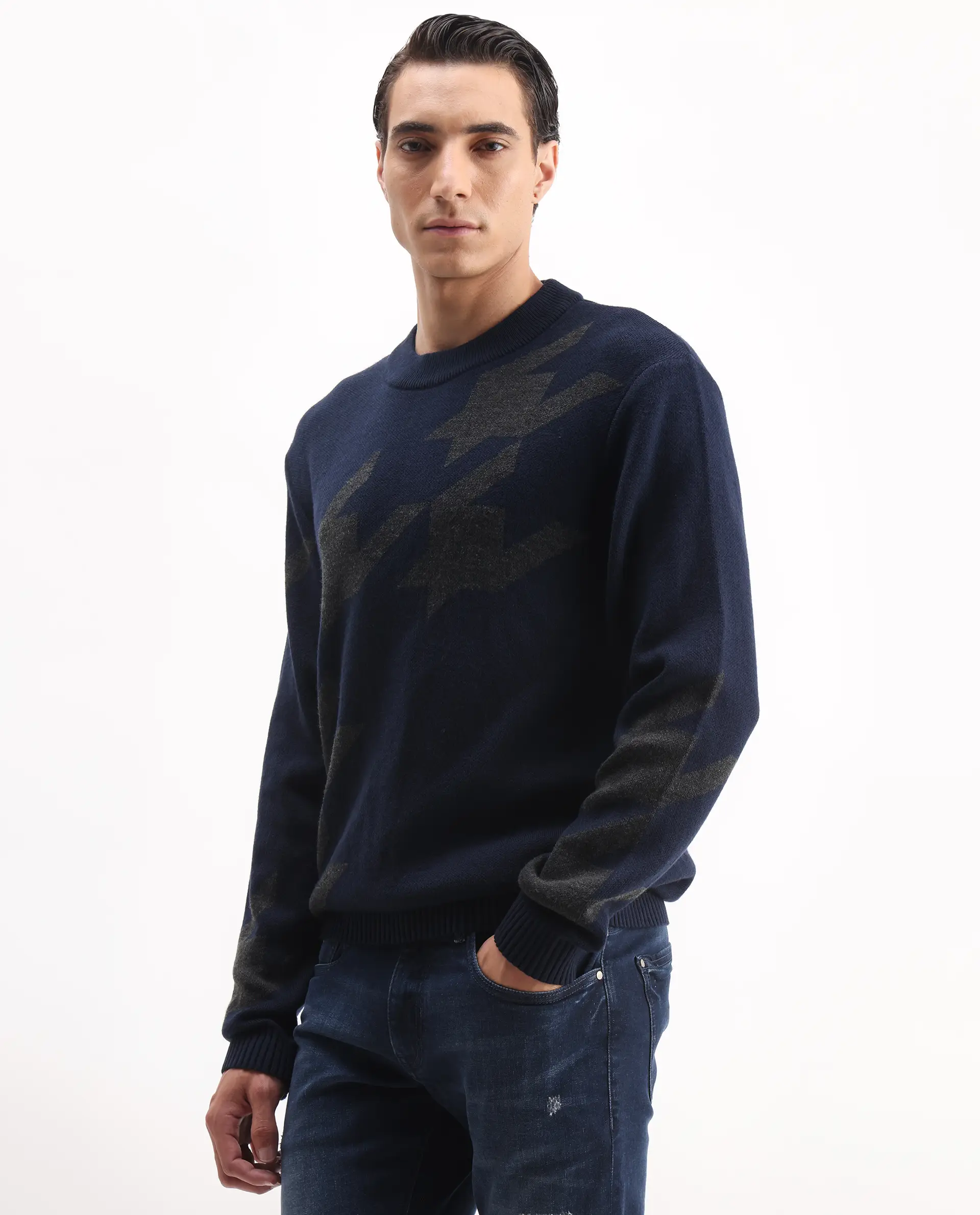 Rare Rabbit Men's Hond Navy Acrylic Abstract Print Regular Fit Full Sleeve Crew Neck Sweater - Image 5