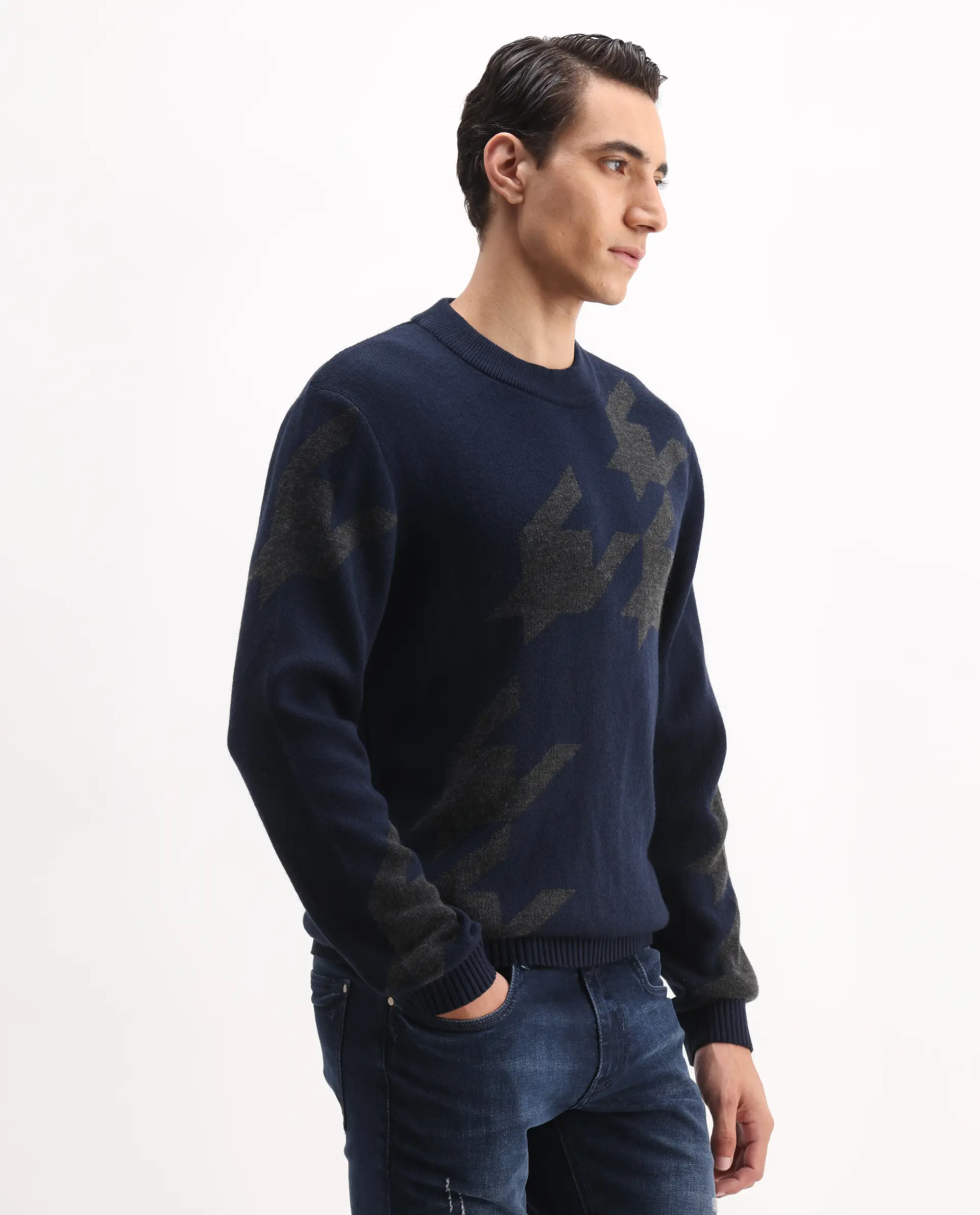 Rare Rabbit Men's Hond Navy Acrylic Abstract Print Regular Fit Full Sleeve Crew Neck Sweater - Image 6