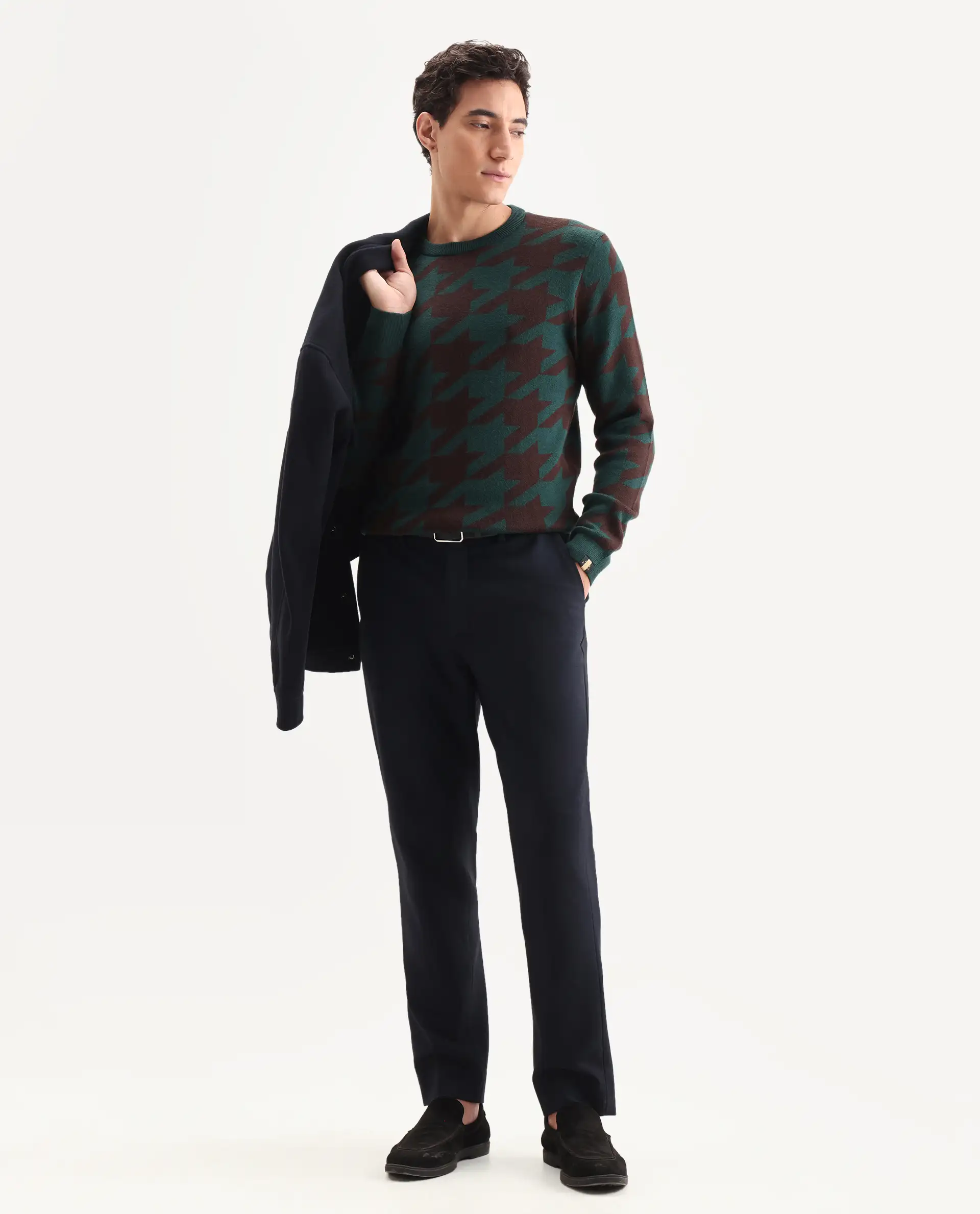 Rare Rabbit Men's Honder Dark Green Viscose Jacquard Relaxed Fit Full Sleeve Crew Neck Sweater - Image 2