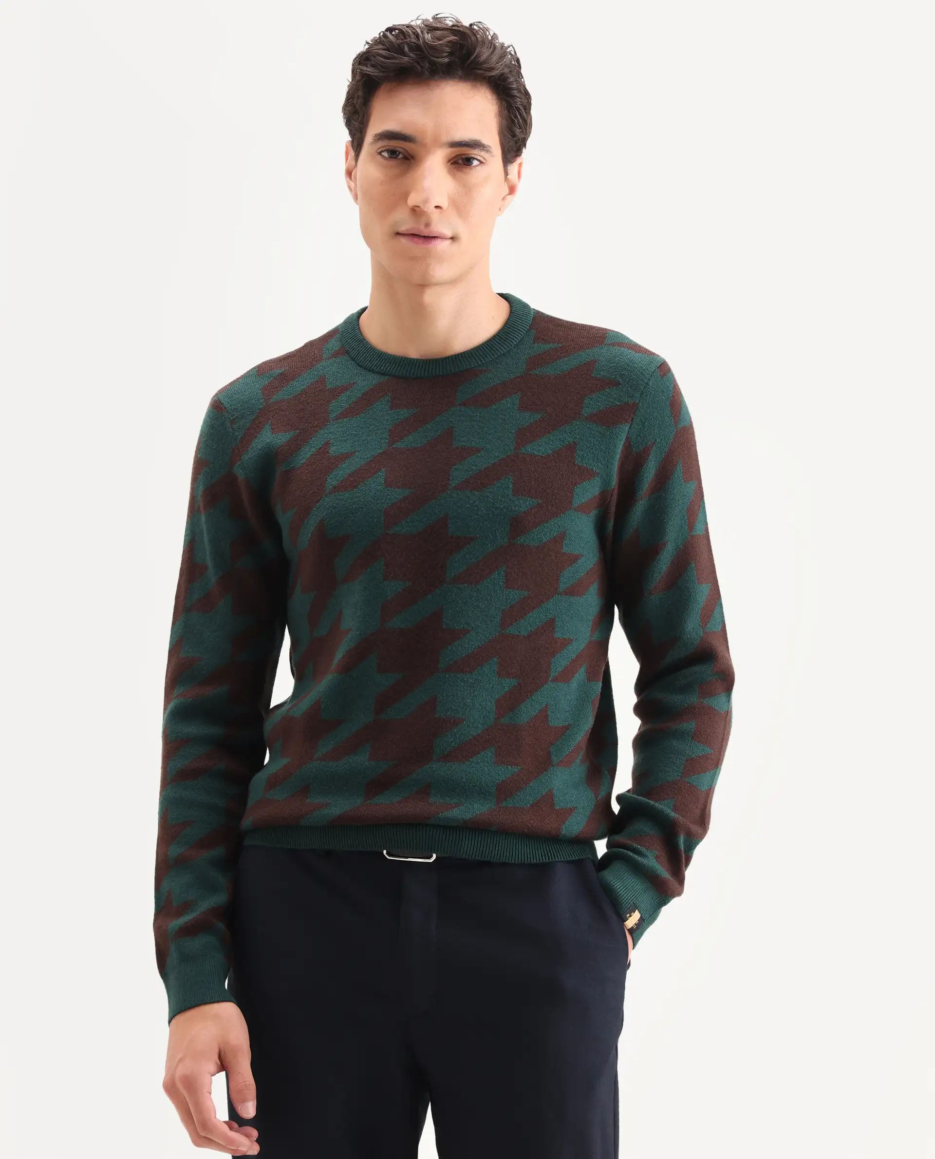 Rare Rabbit Men's Honder Dark Green Viscose Jacquard Relaxed Fit Full Sleeve Crew Neck Sweater - Image 3
