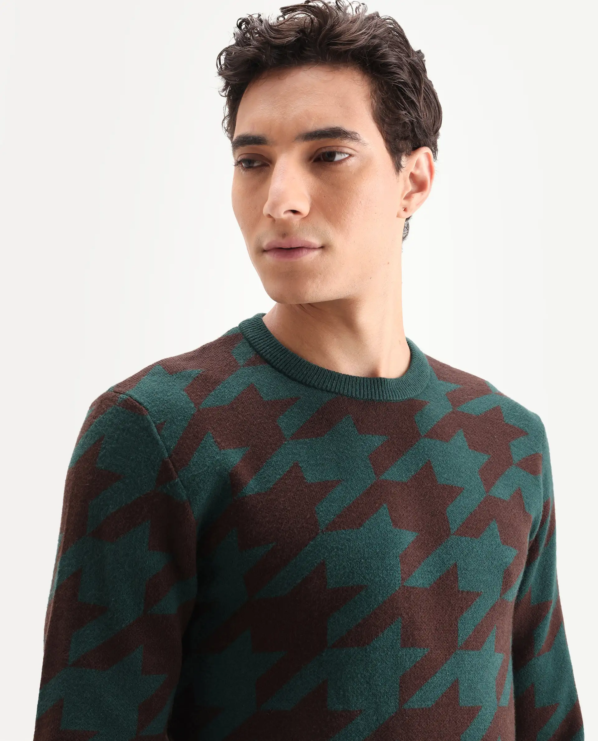 Rare Rabbit Men's Honder Dark Green Viscose Jacquard Relaxed Fit Full Sleeve Crew Neck Sweater - Image 4