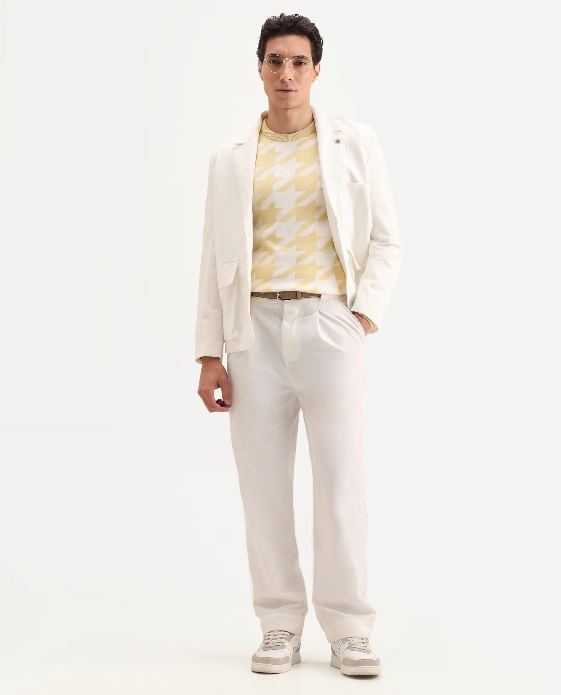 Rare Rabbit Men's Honder Yellow Viscose Jacquard Relaxed Fit Full Sleeve Crew Neck Sweater - Image 2