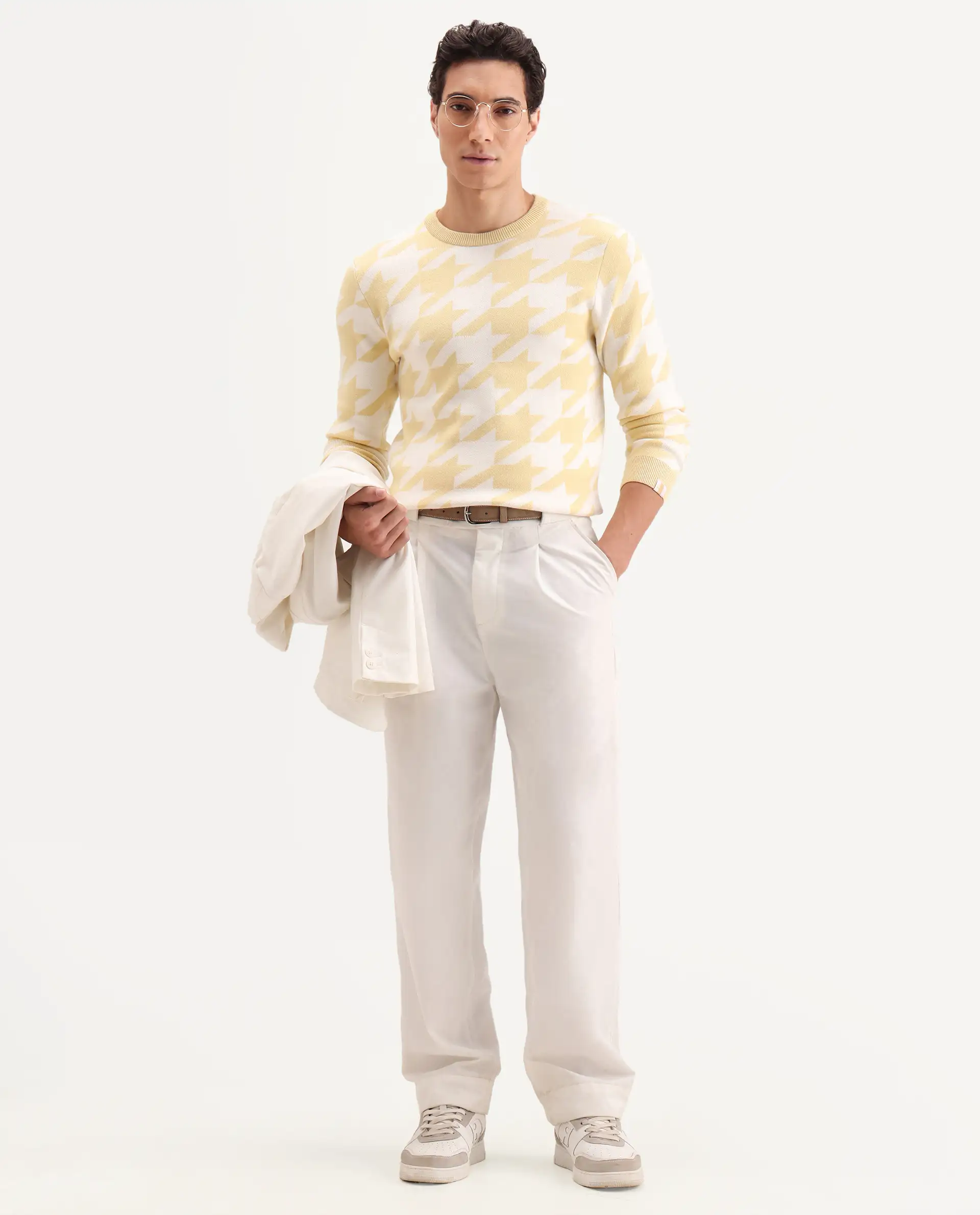 Rare Rabbit Men's Honder Yellow Viscose Jacquard Relaxed Fit Full Sleeve Crew Neck Sweater - Image 3