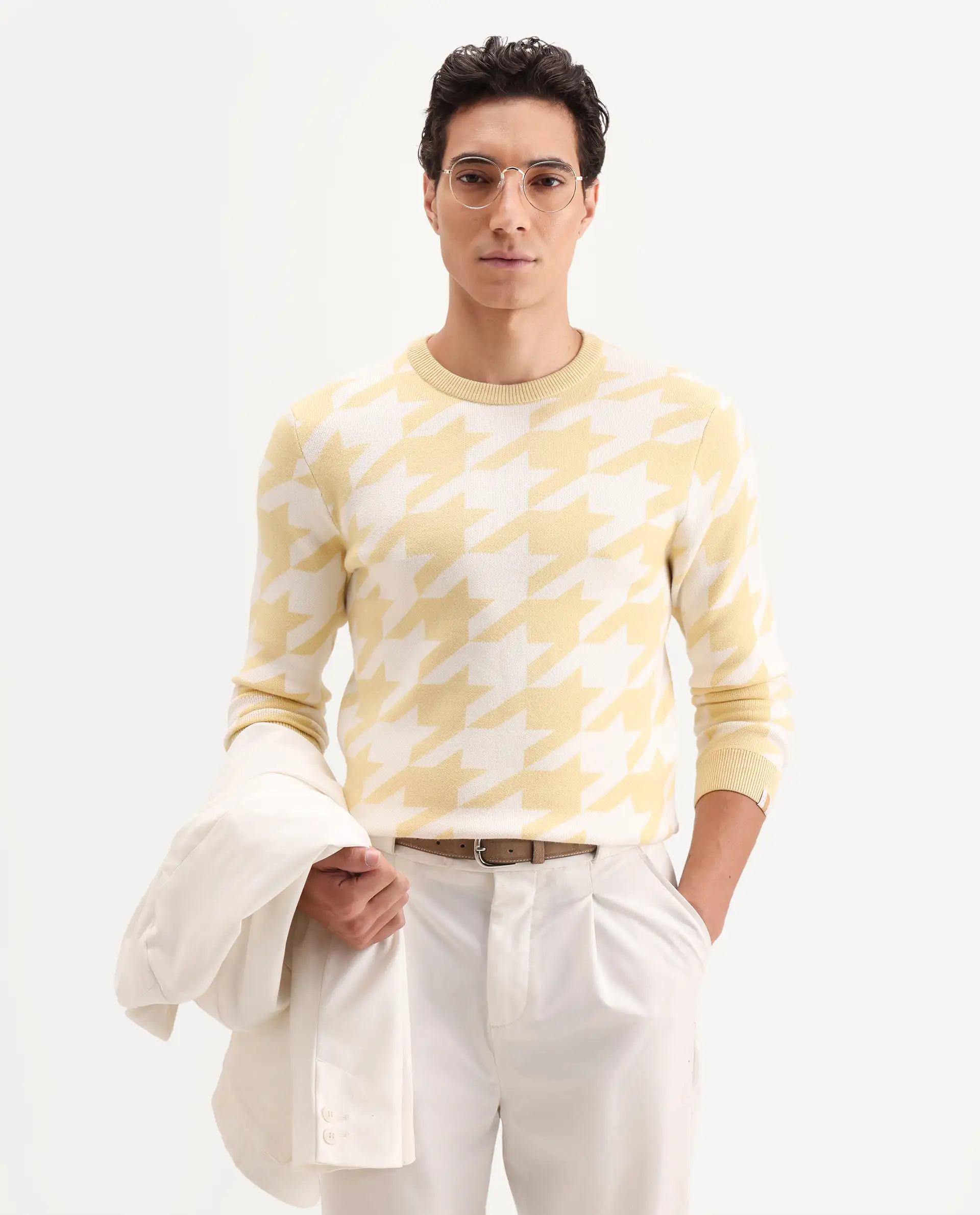 Rare Rabbit Men's Honder Yellow Viscose Jacquard Relaxed Fit Full Sleeve Crew Neck Sweater - Image 4