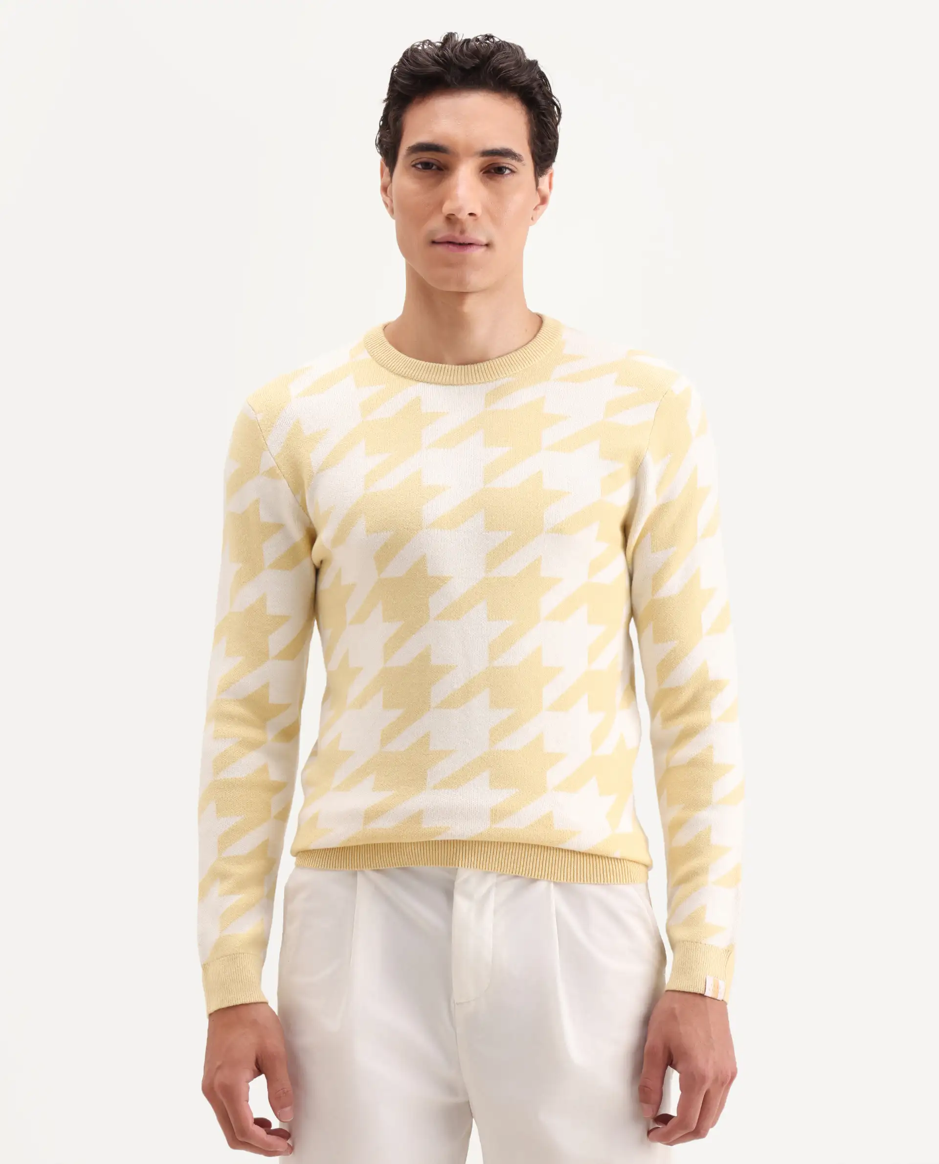 Rare Rabbit Men's Honder Yellow Viscose Jacquard Relaxed Fit Full Sleeve Crew Neck Sweater - Image 5