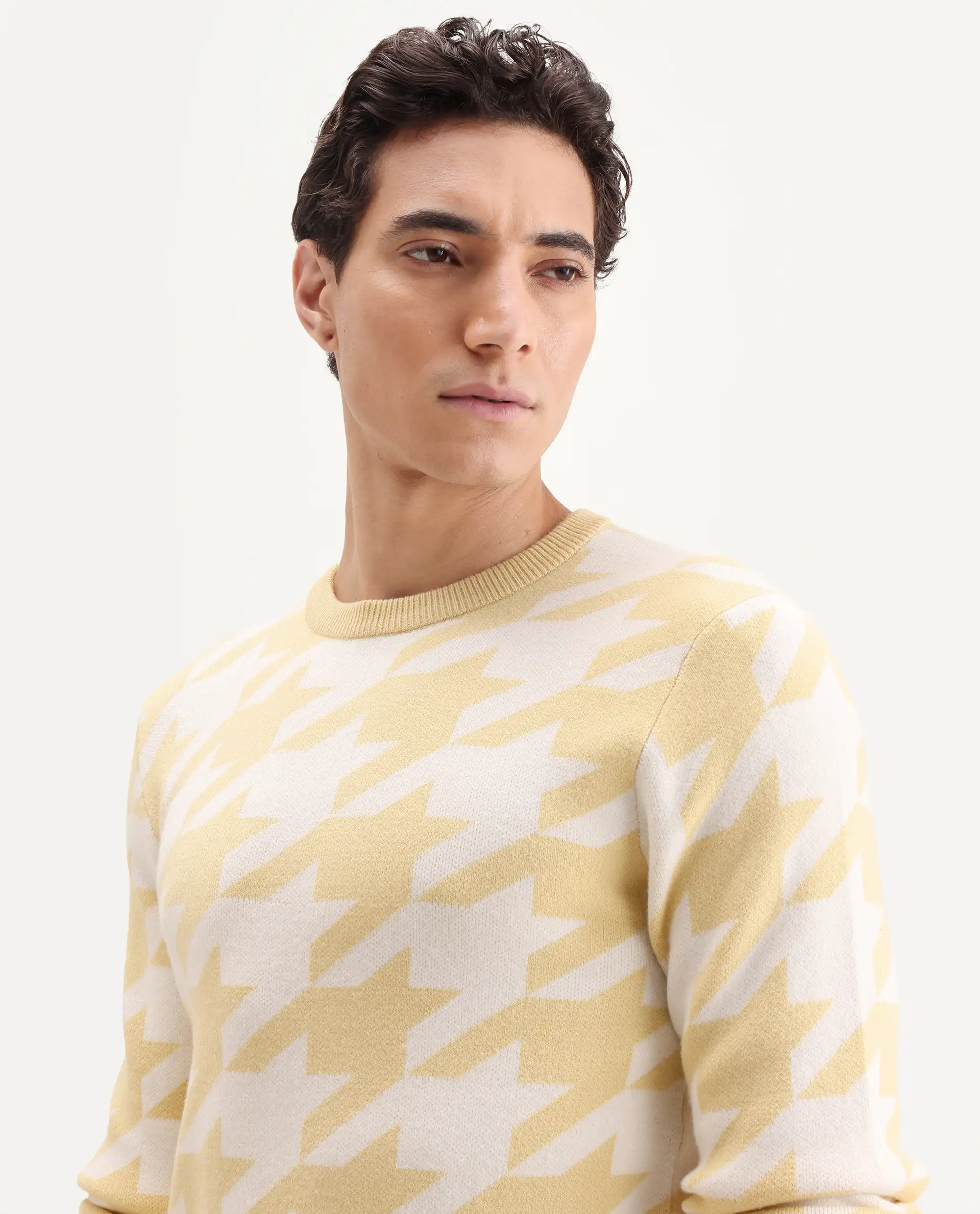 Rare Rabbit Men's Honder Yellow Viscose Jacquard Relaxed Fit Full Sleeve Crew Neck Sweater - Image 6