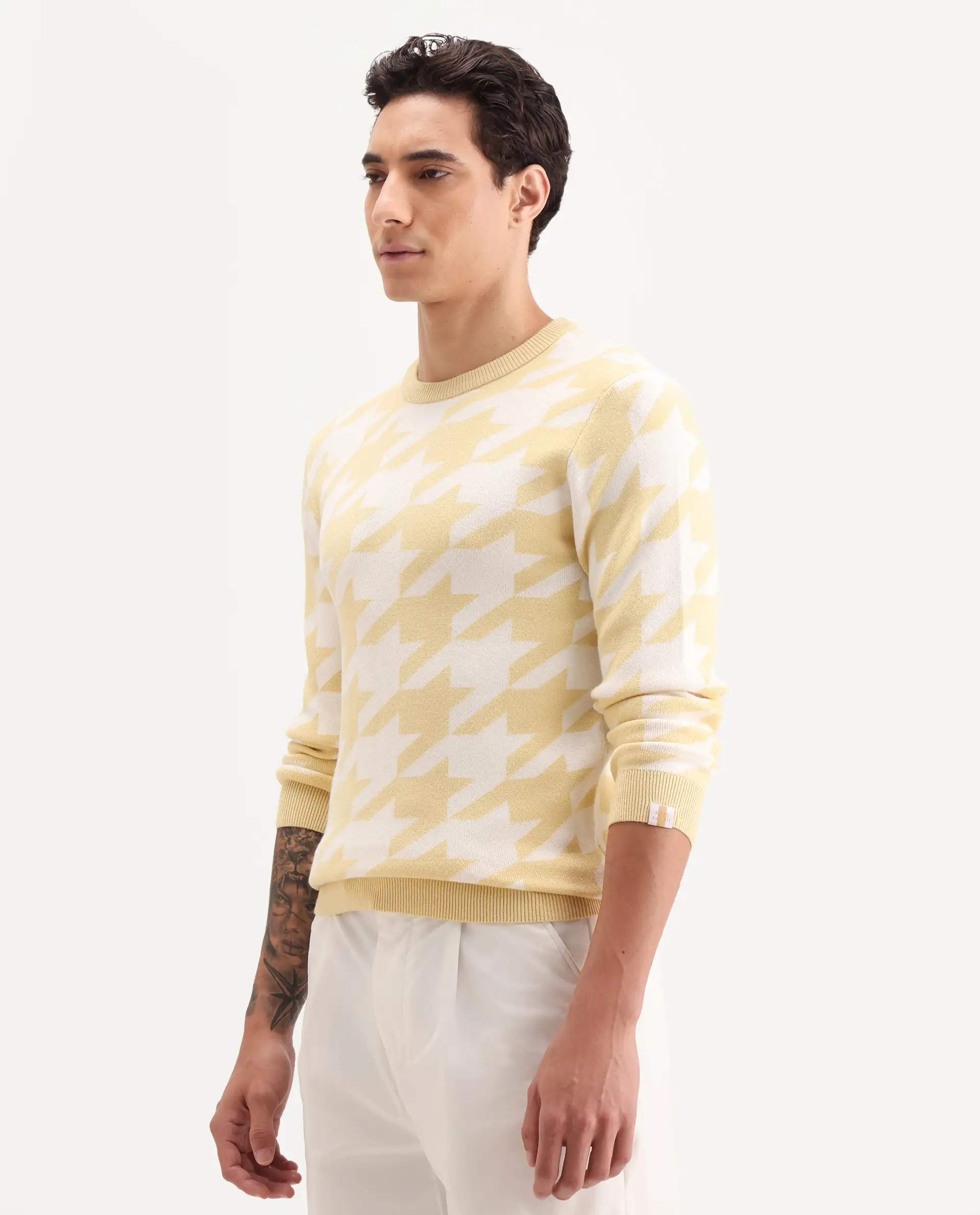 Rare Rabbit Men's Honder Yellow Viscose Jacquard Relaxed Fit Full Sleeve Crew Neck Sweater - Image 7
