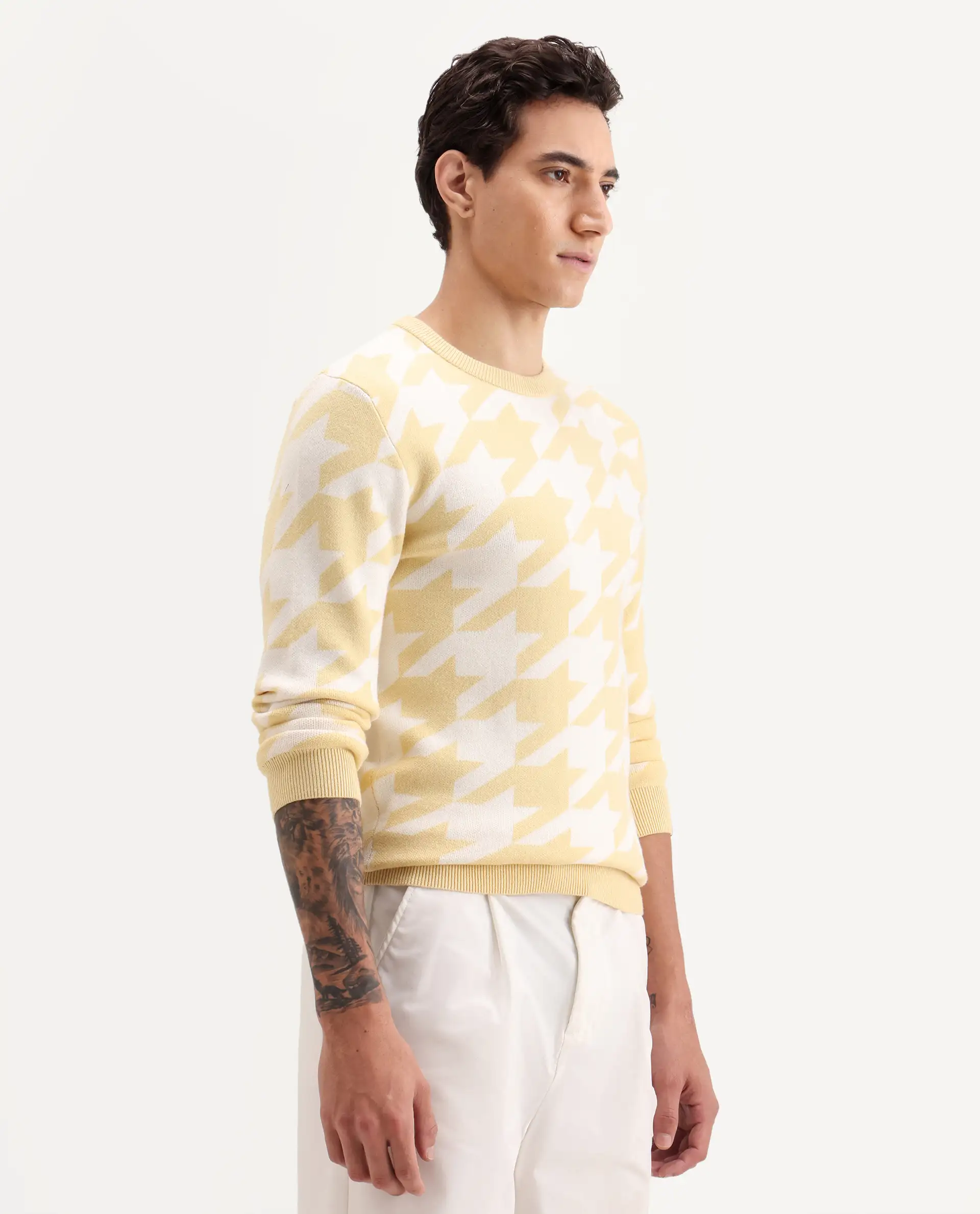 Rare Rabbit Men's Honder Yellow Viscose Jacquard Relaxed Fit Full Sleeve Crew Neck Sweater - Image 8
