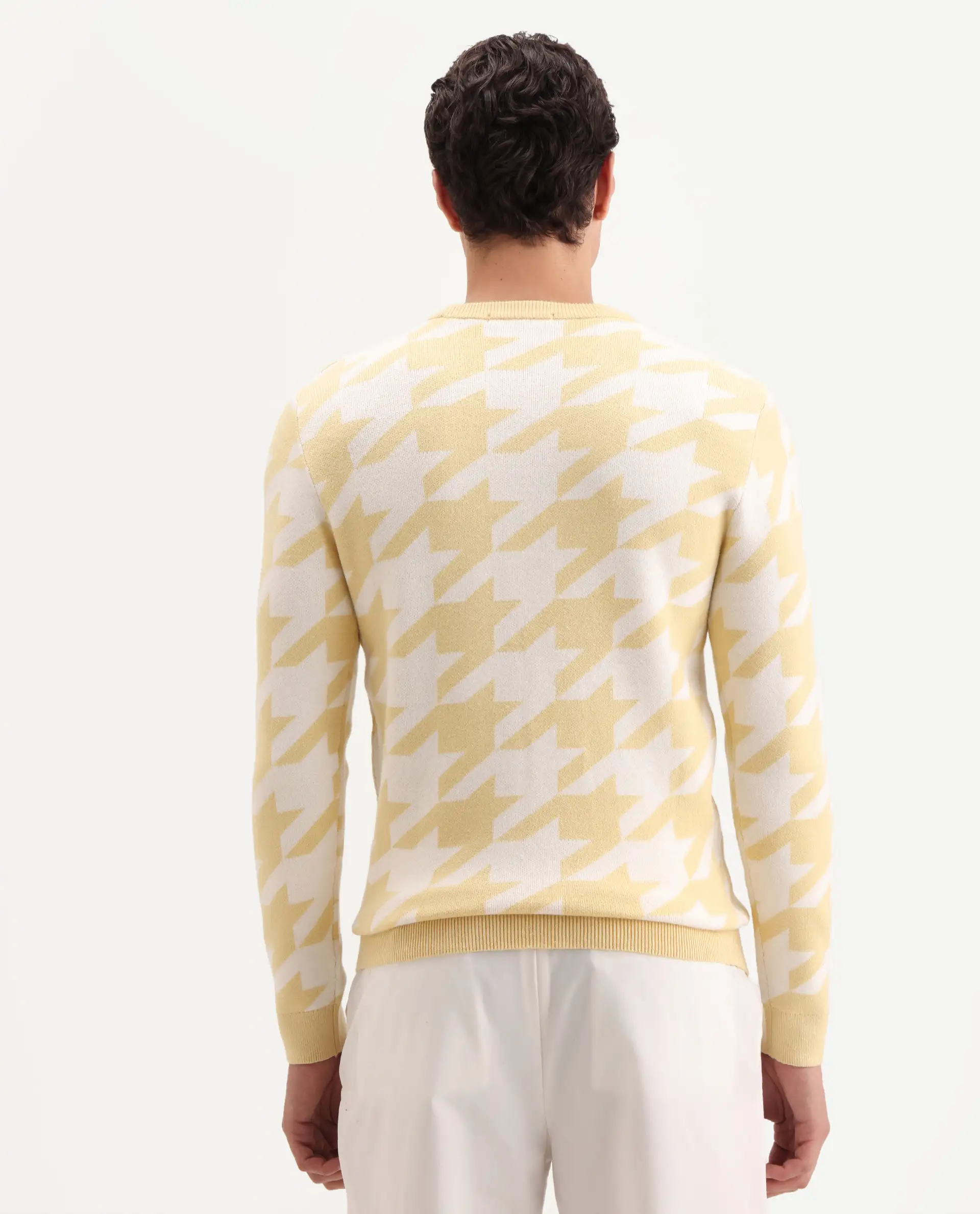 Rare Rabbit Men's Honder Yellow Viscose Jacquard Relaxed Fit Full Sleeve Crew Neck Sweater - Image 9