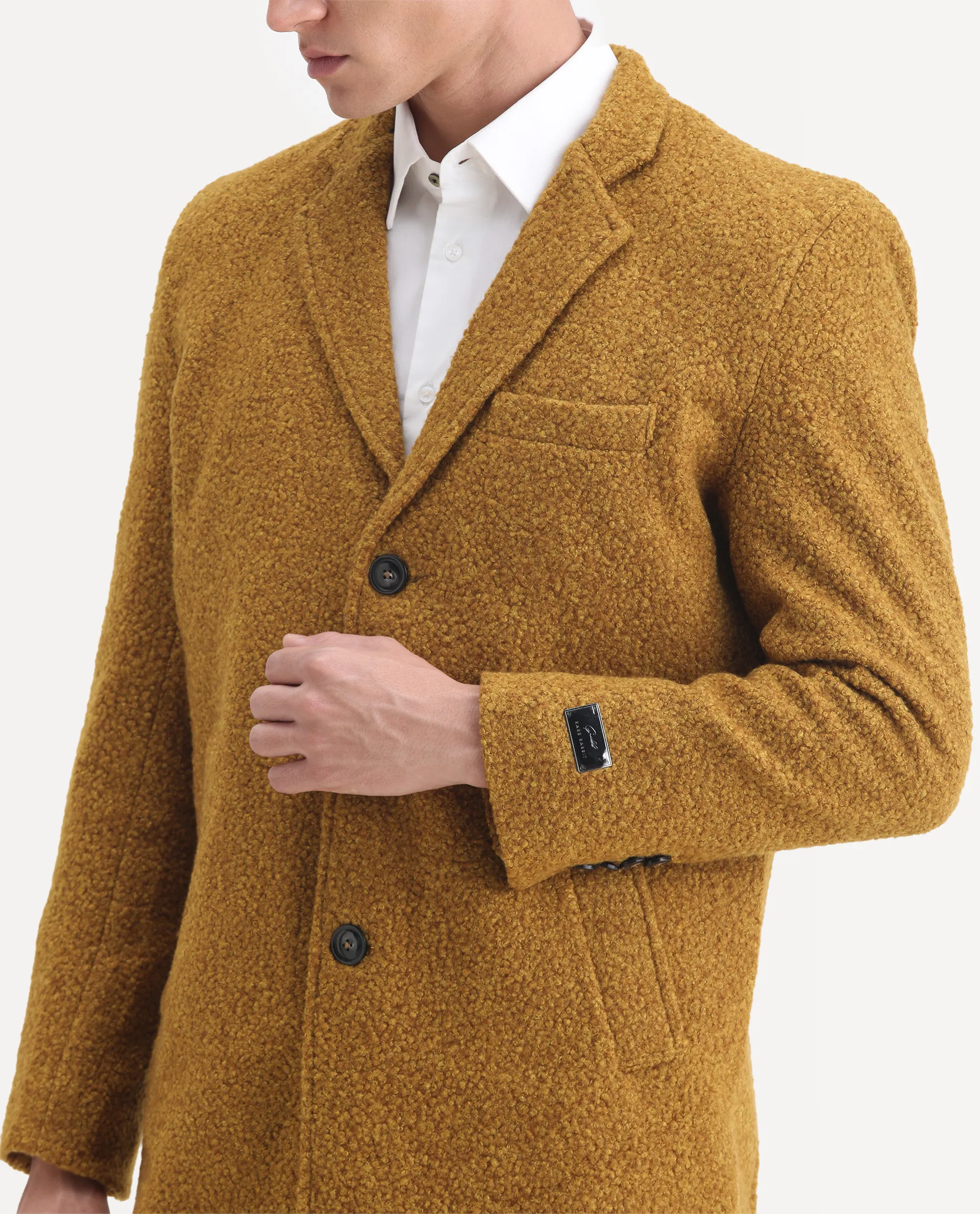 Rare Rabbit Men's Hong Yellow Polyester Textured Tailored Fit Full Sleeve Lapel Neck Jacket - Image 3