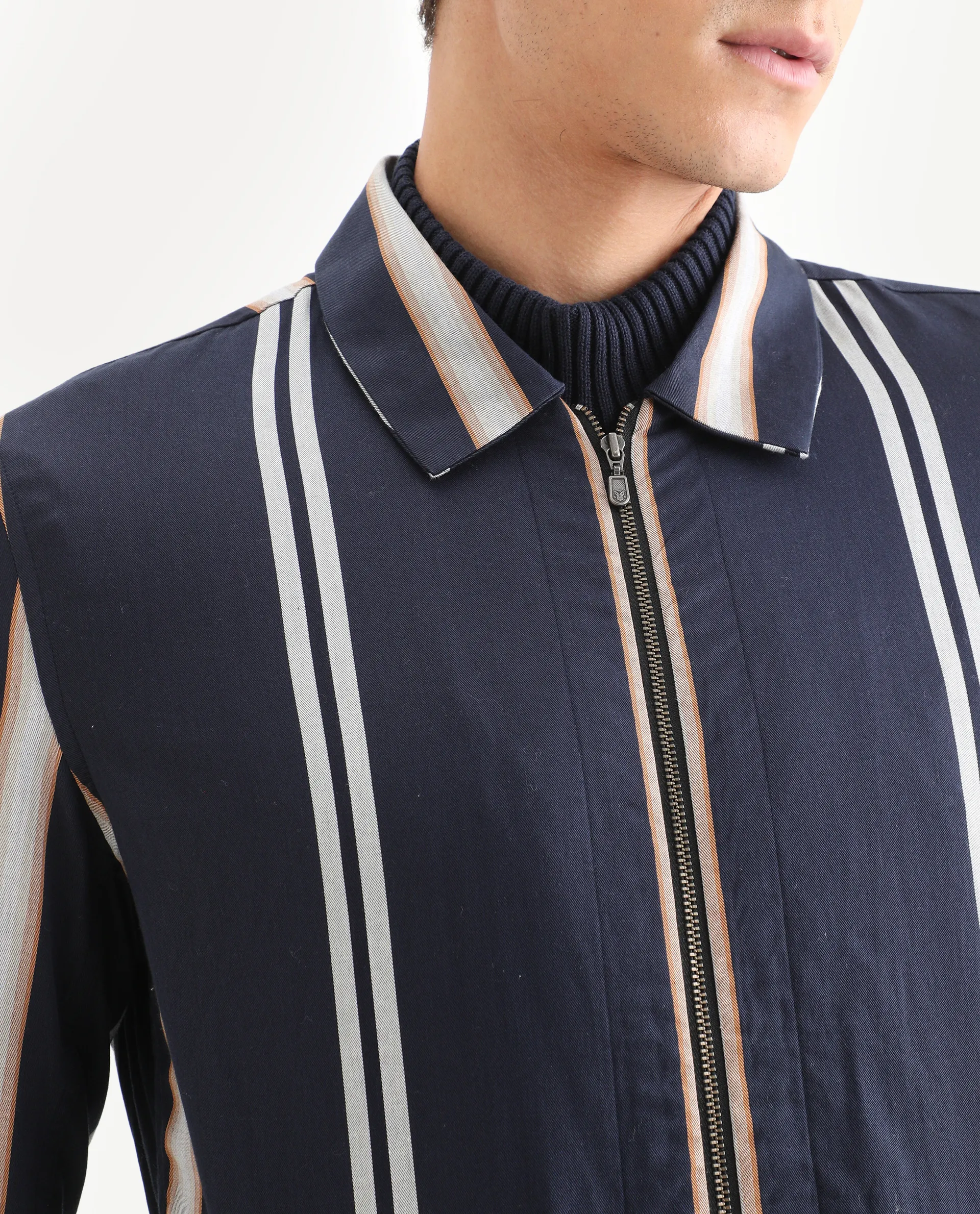 Rare Rabbit Men's Hono Navy Cotton Striped Print Regular Fit Full Sleeve Spread Collar Jacket - Image 3