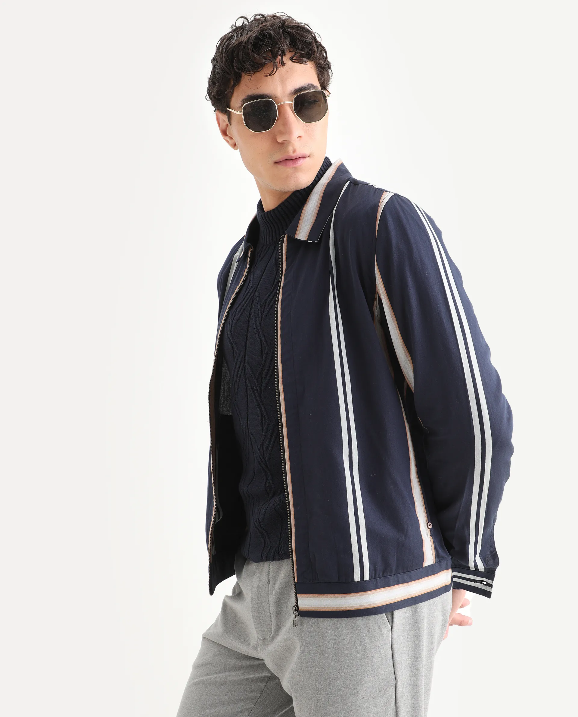 Rare Rabbit Men's Hono Navy Cotton Striped Print Regular Fit Full Sleeve Spread Collar Jacket - Image 4