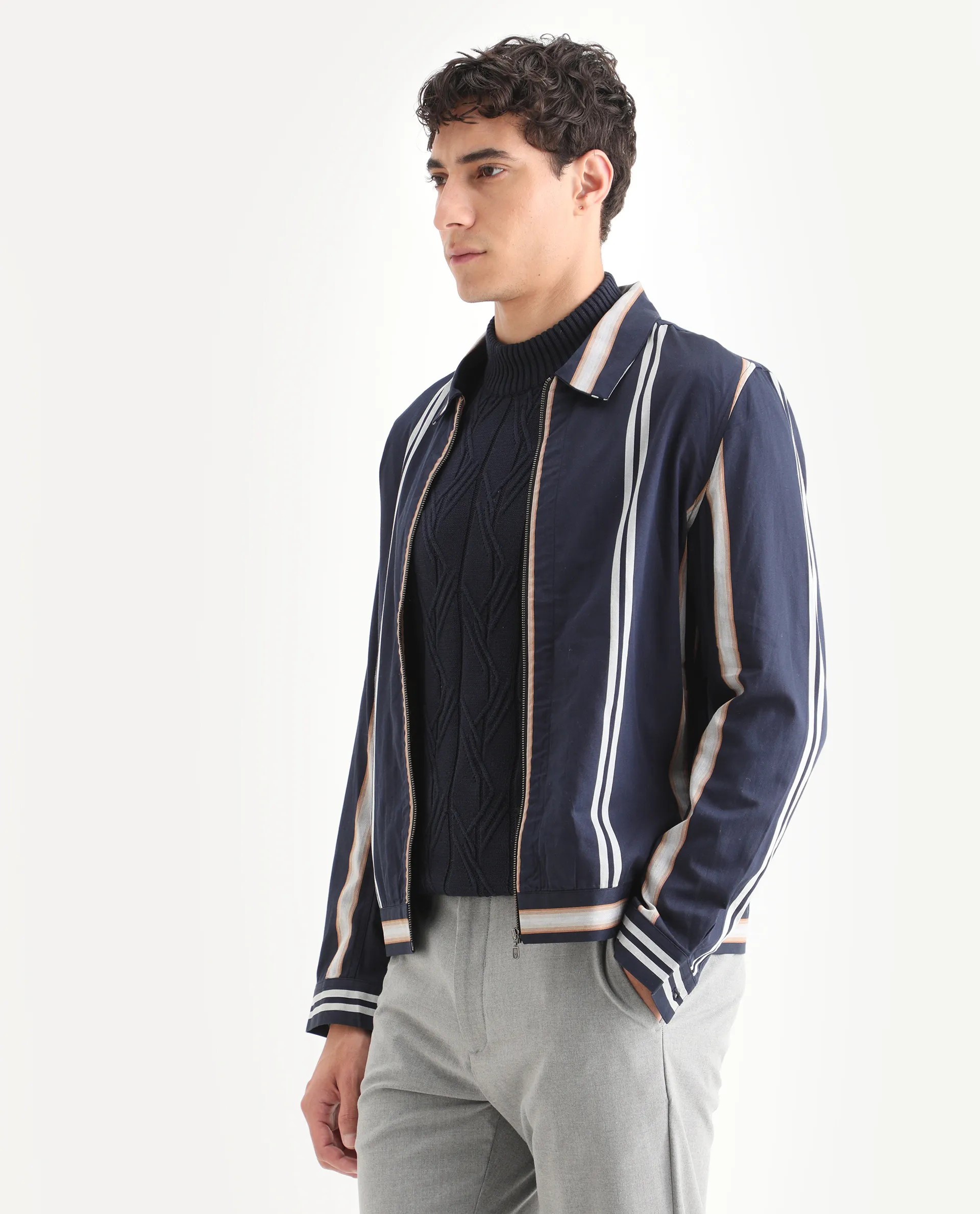 Rare Rabbit Men's Hono Navy Cotton Striped Print Regular Fit Full Sleeve Spread Collar Jacket - Image 5