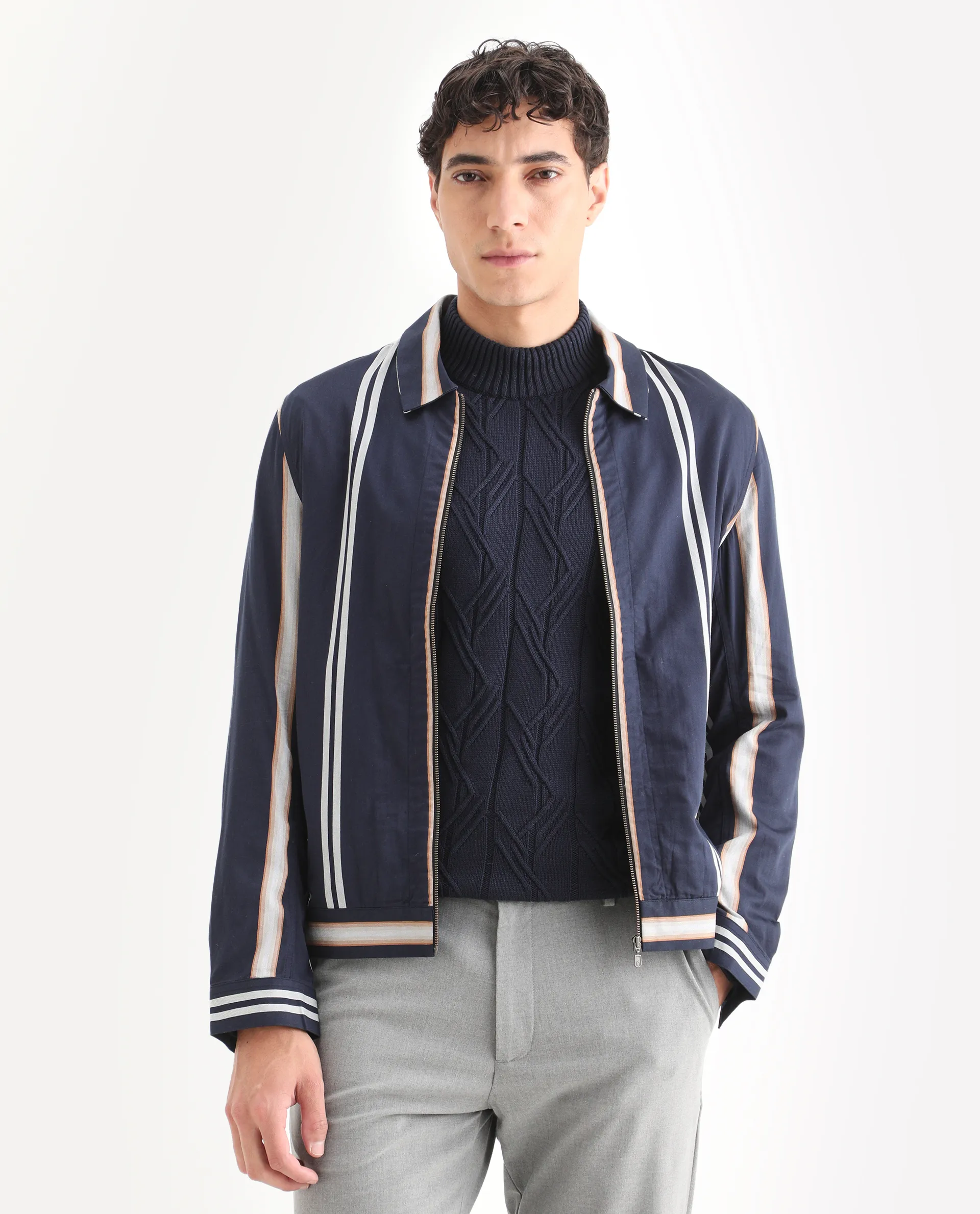Rare Rabbit Men's Hono Navy Cotton Striped Print Regular Fit Full Sleeve Spread Collar Jacket - Image 6