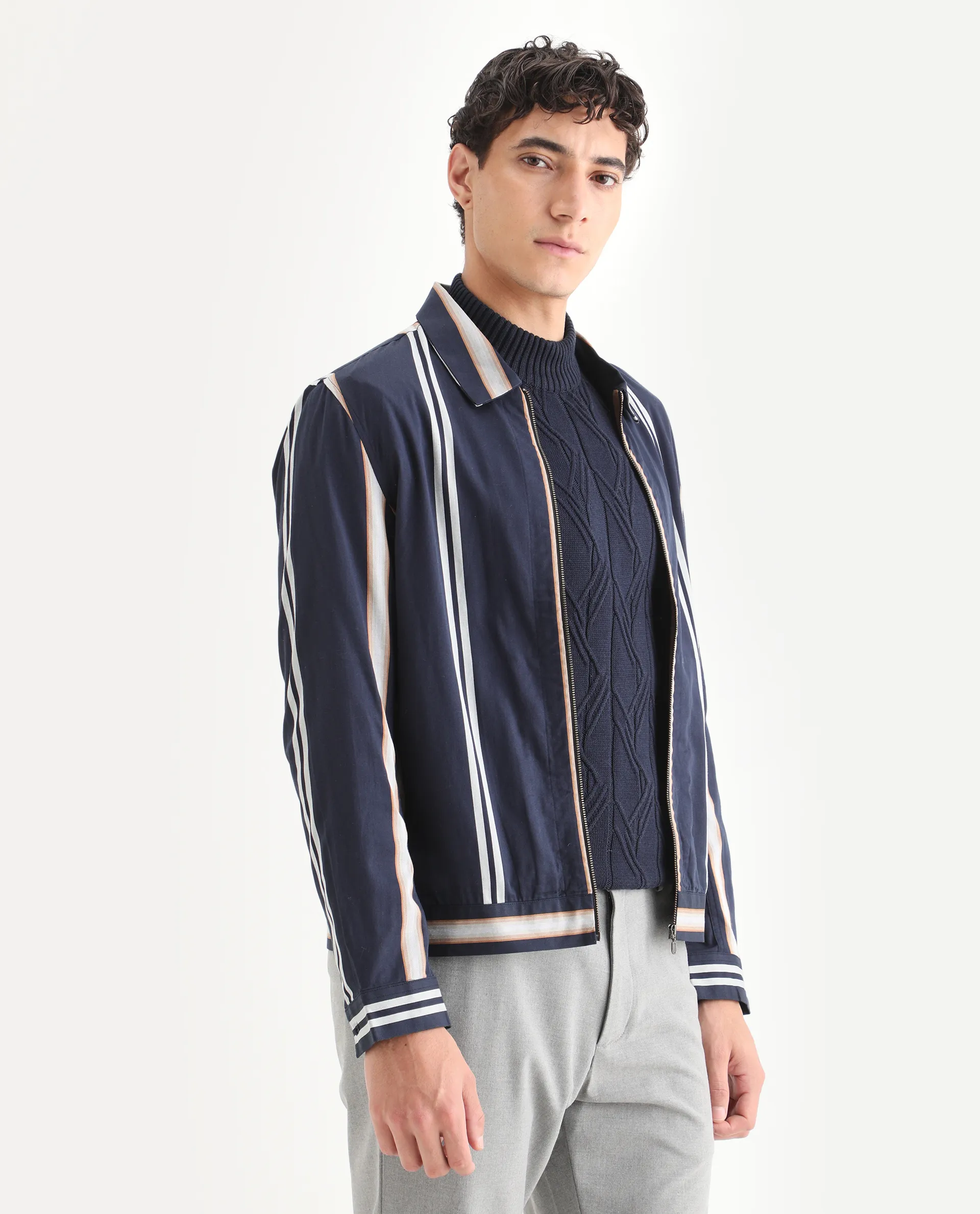 Rare Rabbit Men's Hono Navy Cotton Striped Print Regular Fit Full Sleeve Spread Collar Jacket - Image 7