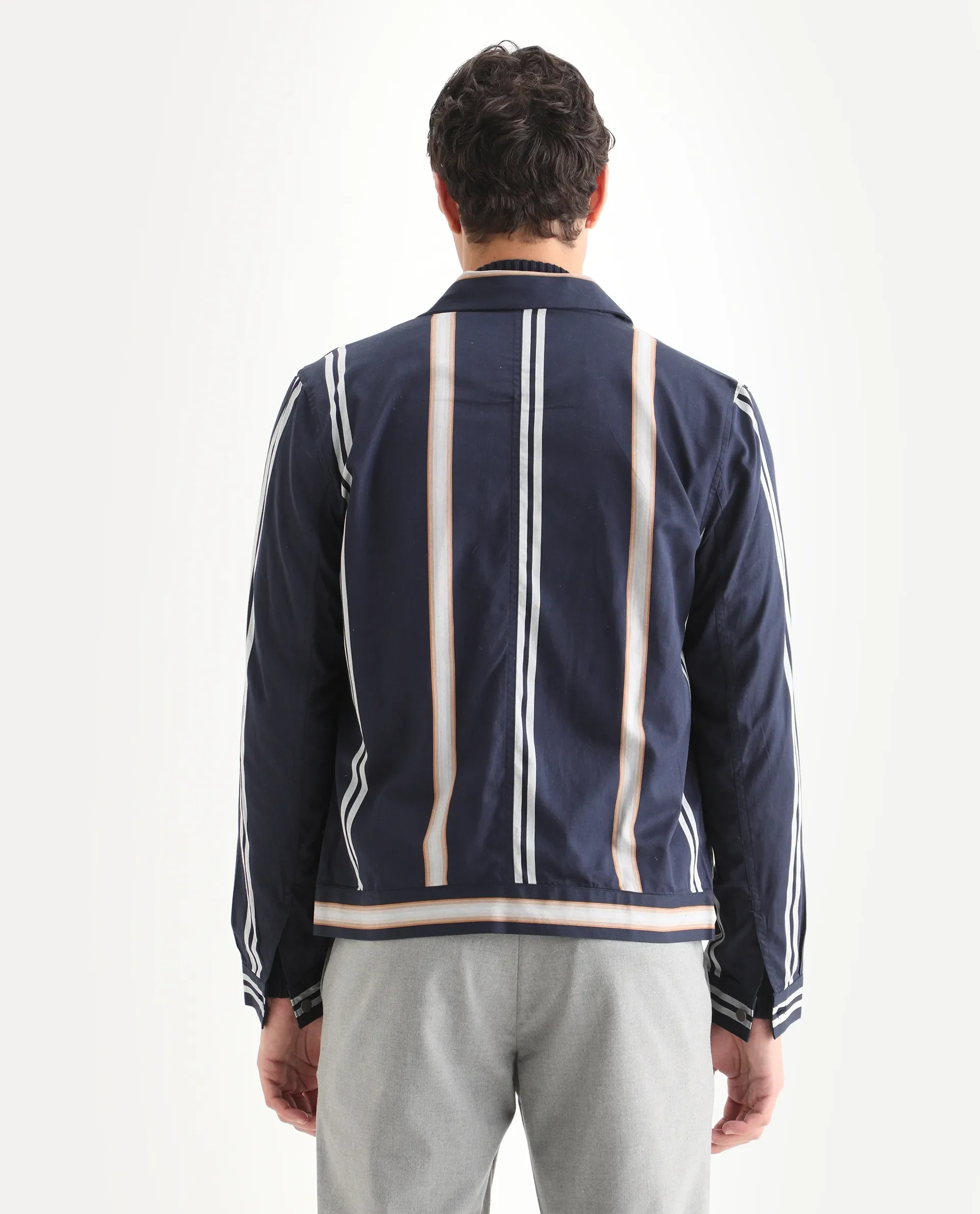 Rare Rabbit Men's Hono Navy Cotton Striped Print Regular Fit Full Sleeve Spread Collar Jacket - Image 8