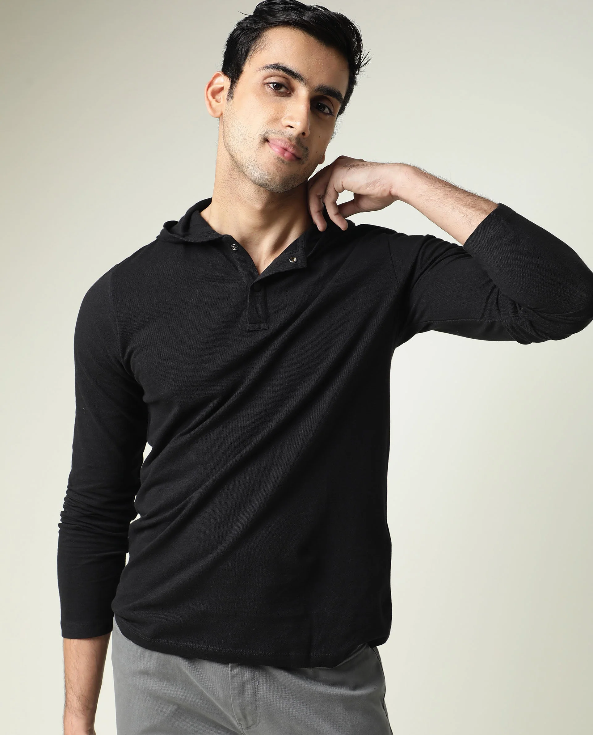 Rare Rabbit Men's Hood Black Cotton Slim Fit Full Sleeve Polo - Image 13